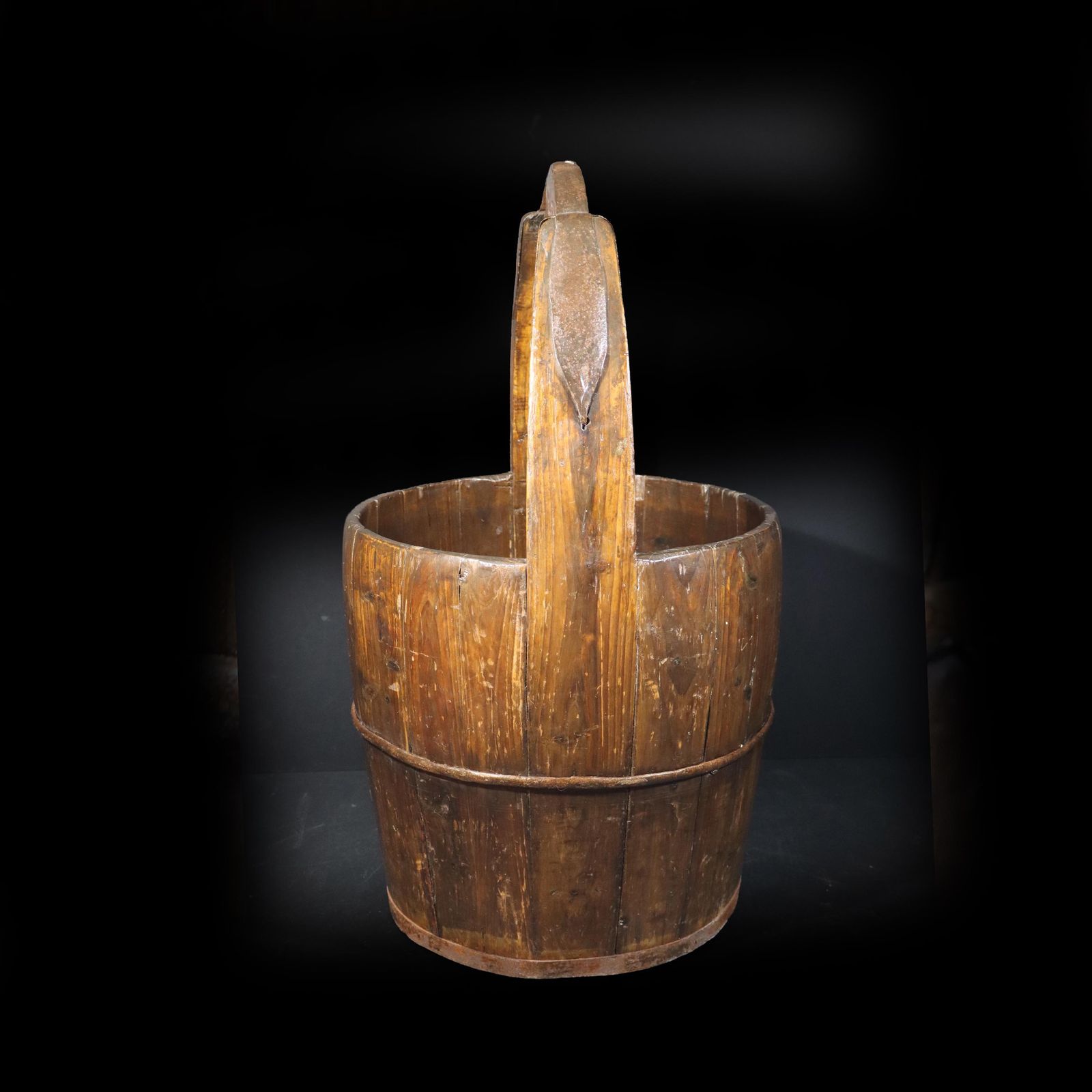 Antique French Wooden Water Well Bucket, Primitive Country Pail With Long Handle photo vintage