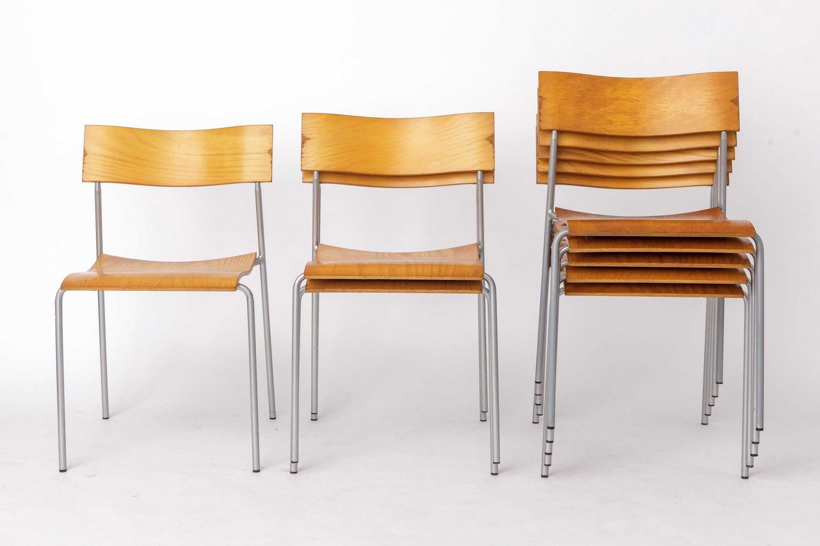 Set Of 6 Lammhults Campus Stacking Chairs, Swedish Mid Century Chairs 1970s, Metal & Beech Plywood Dining Chairs