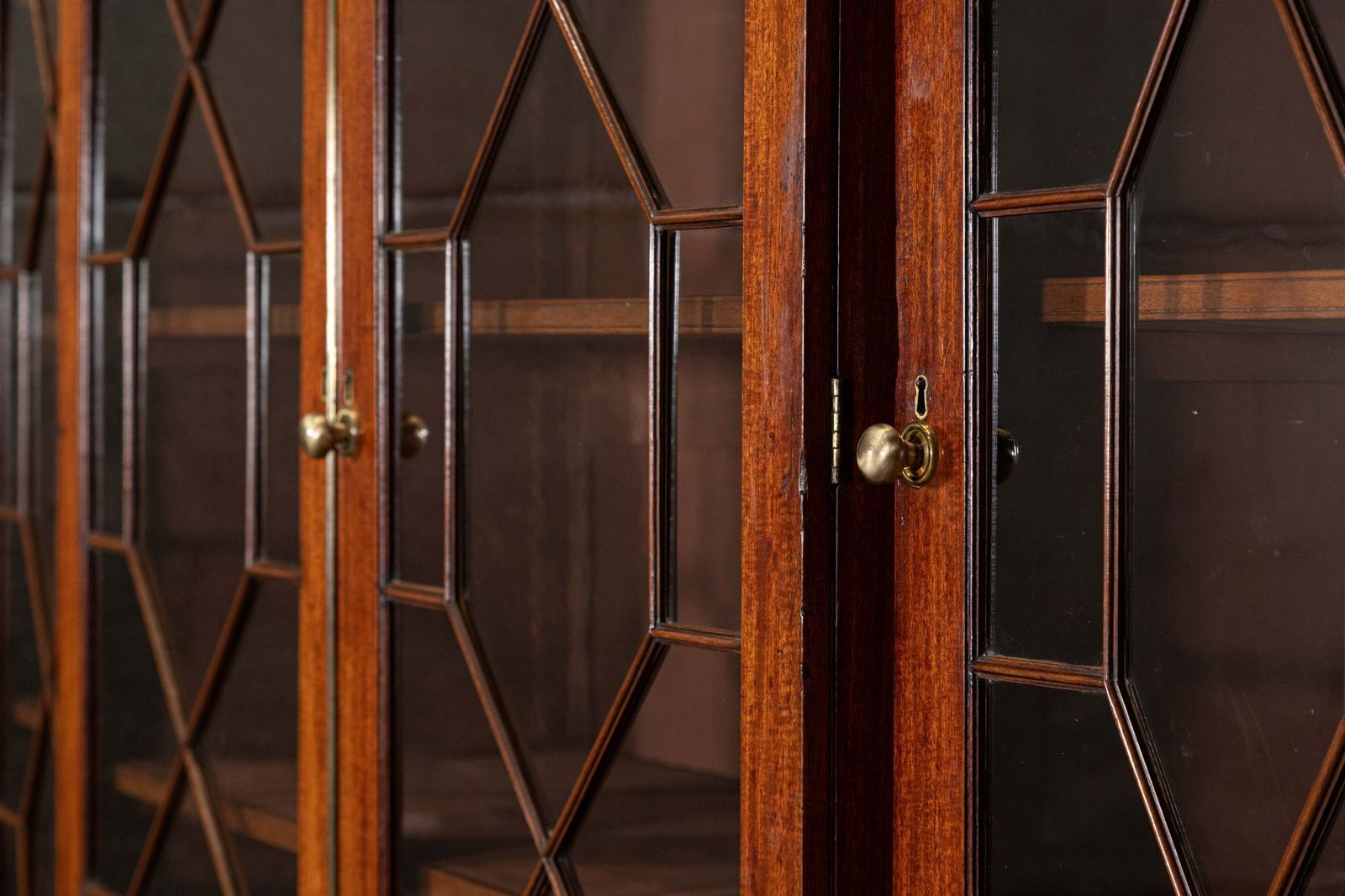photo for sale Monumental English Mahogany Breakfront Inlaid Glazed Bookcase