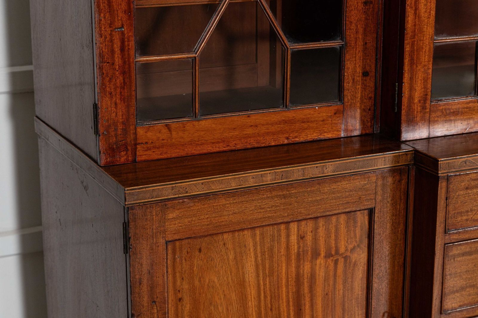 photo buy Monumental English Mahogany Breakfront Inlaid Glazed Bookcase