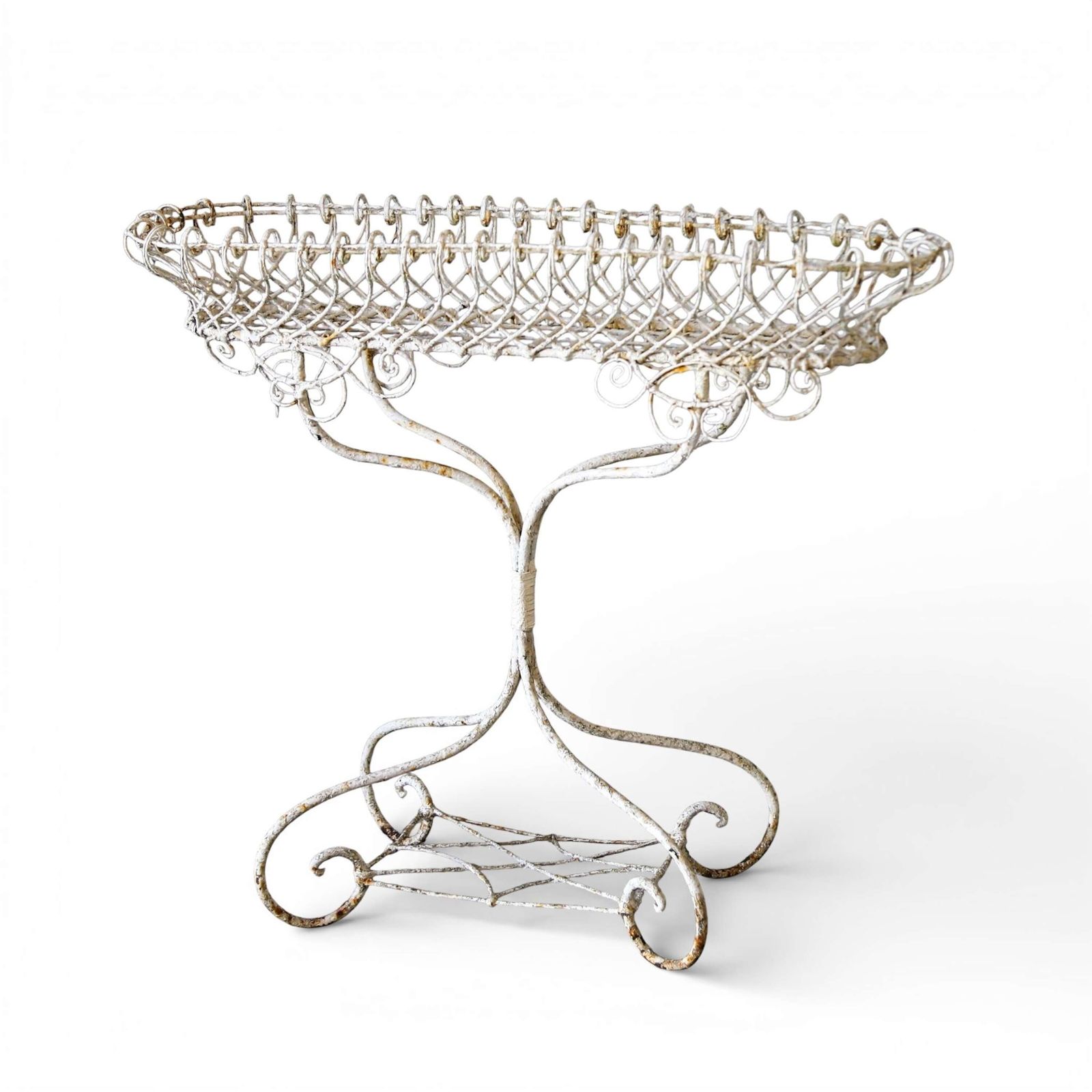19th Century English Wrought Iron Plant Stand With Scrollwork And Lattice Basket Top