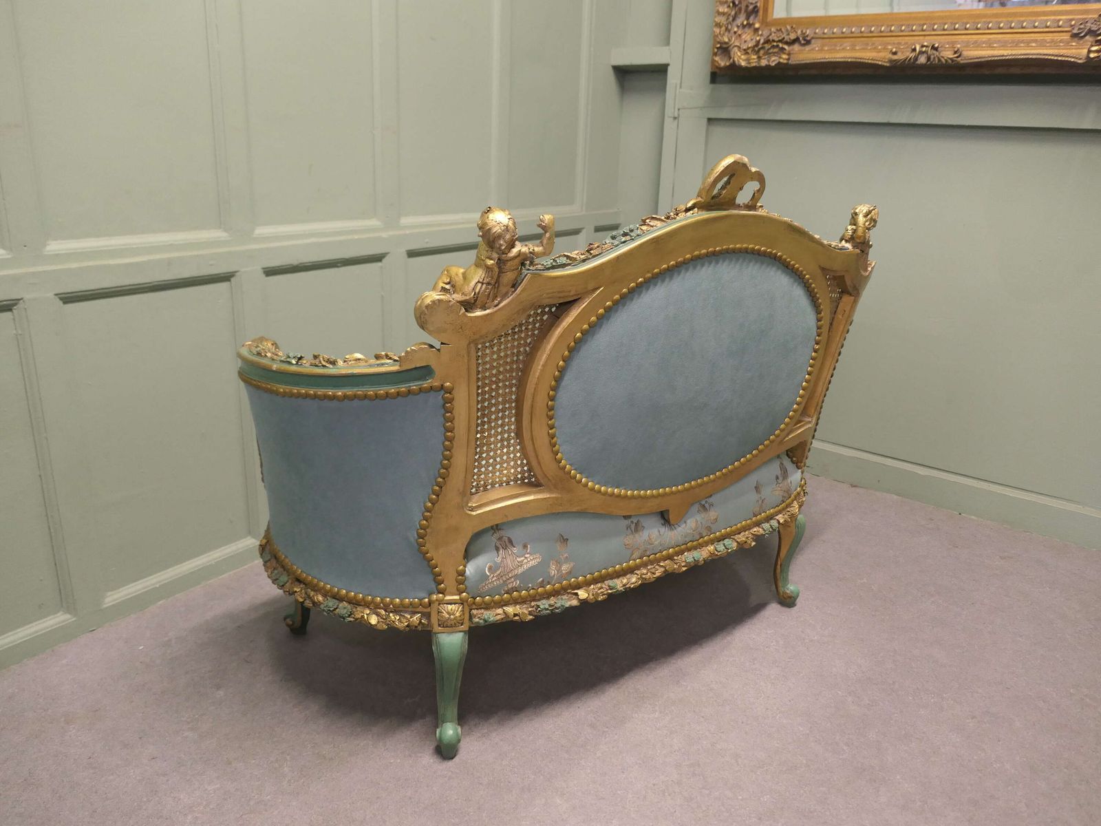French Green And Gold Boudoir Settee, Silk Love Seat photo vinterior