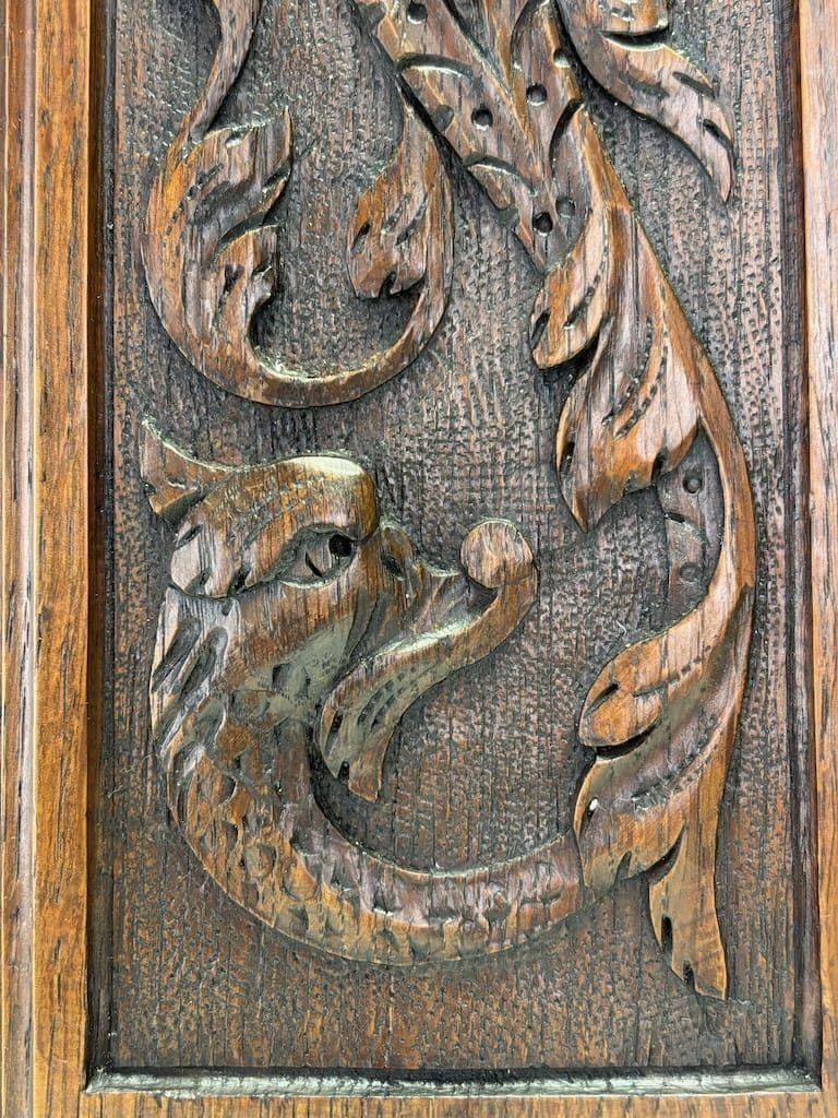 Pair Of 18th Century English Carved Oak Panels With Mystic Dolphins photo furniture