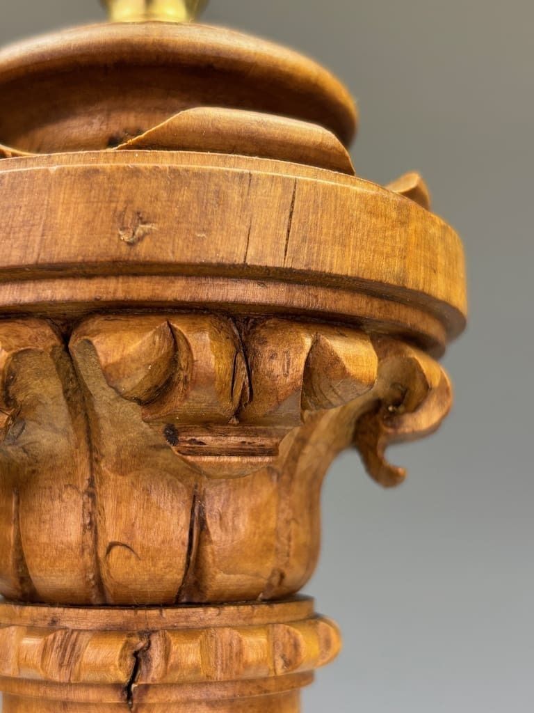 Antique Carved Oak Corinthian Column Table Lamp C.1920 – Neoclassical Revival Lighting photo furniture