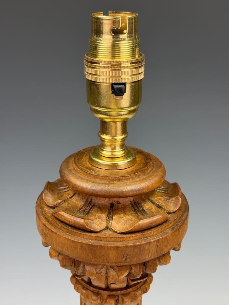 Antique Carved Oak Corinthian Column Table Lamp C.1920 – Neoclassical Revival Lighting photo Lighting