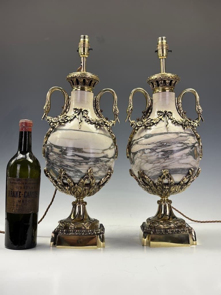 Superb Pair Of French Late 19th Century Marble & Ormolu Urns Converted To Lamps, Neoclassical photo for sale