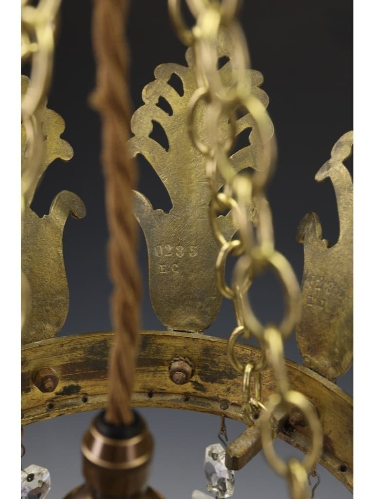 Exceptional Late 19th Century Grand Tour Style Crown Pendant Light With Cut Crystal Drops photo vintage