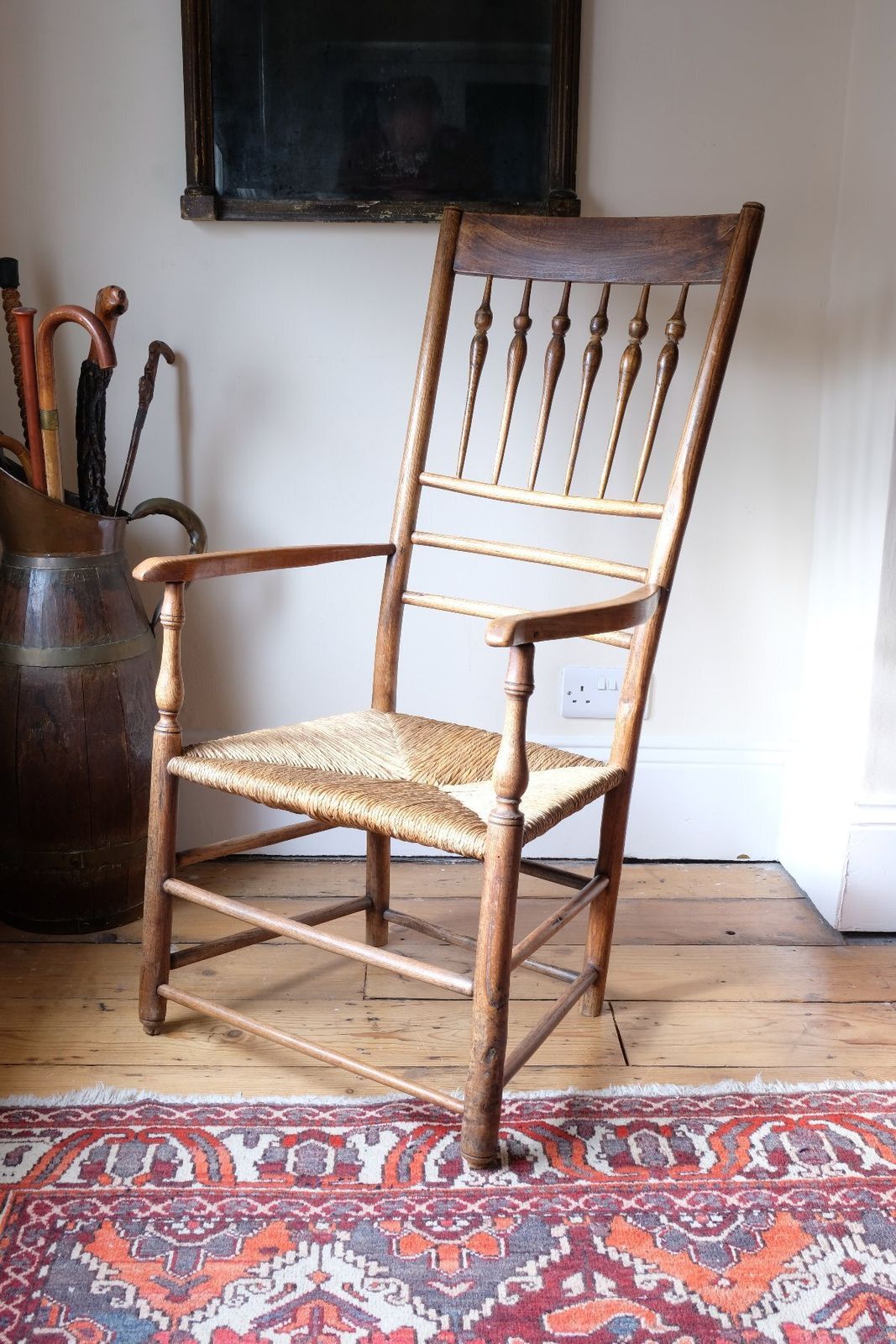 Philip Clissett Arts & Crafts Ash Rush Seat Spindle Back Armchair, Herefordshire Circa 1890 photo furniture