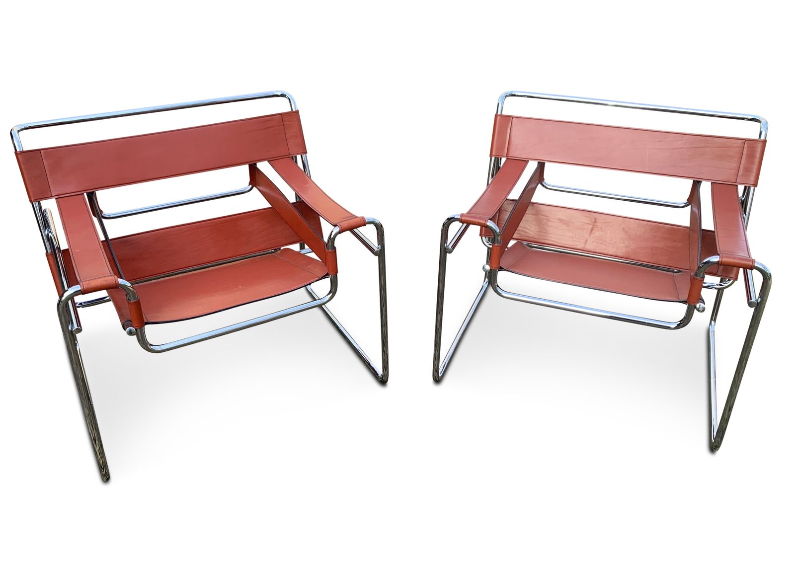Pair Of Tubular Chrome And Tan Brown Leather Wassily Chair / B3 Chair Designed By Marcel Breuer   Later Habitat Version photo Furniture
