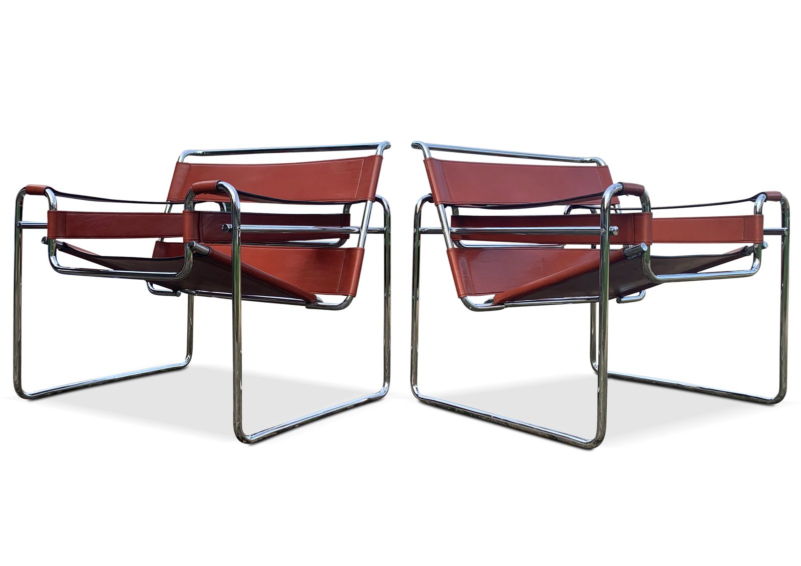 Pair Of Tubular Chrome And Tan Brown Leather Wassily Chair / B3 Chair Designed By Marcel Breuer   Later Habitat Version photo for sale