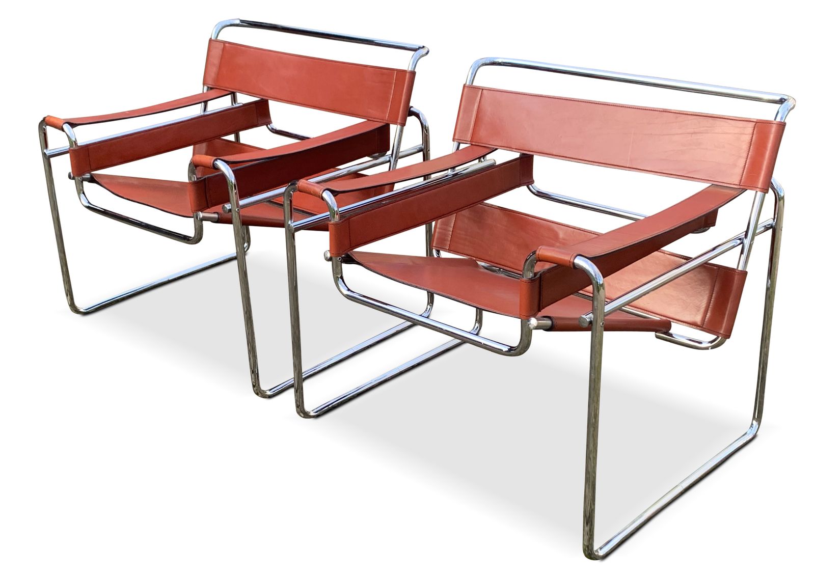 Pair Of Tubular Chrome And Tan Brown Leather Wassily Chair / B3 Chair Designed By Marcel Breuer   Later Habitat Version photo furniture
