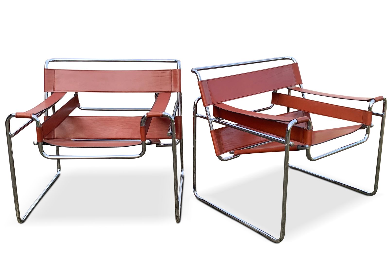 Pair Of Tubular Chrome And Tan Brown Leather Wassily Chair / B3 Chair Designed By Marcel Breuer   Later Habitat Version photo vintage