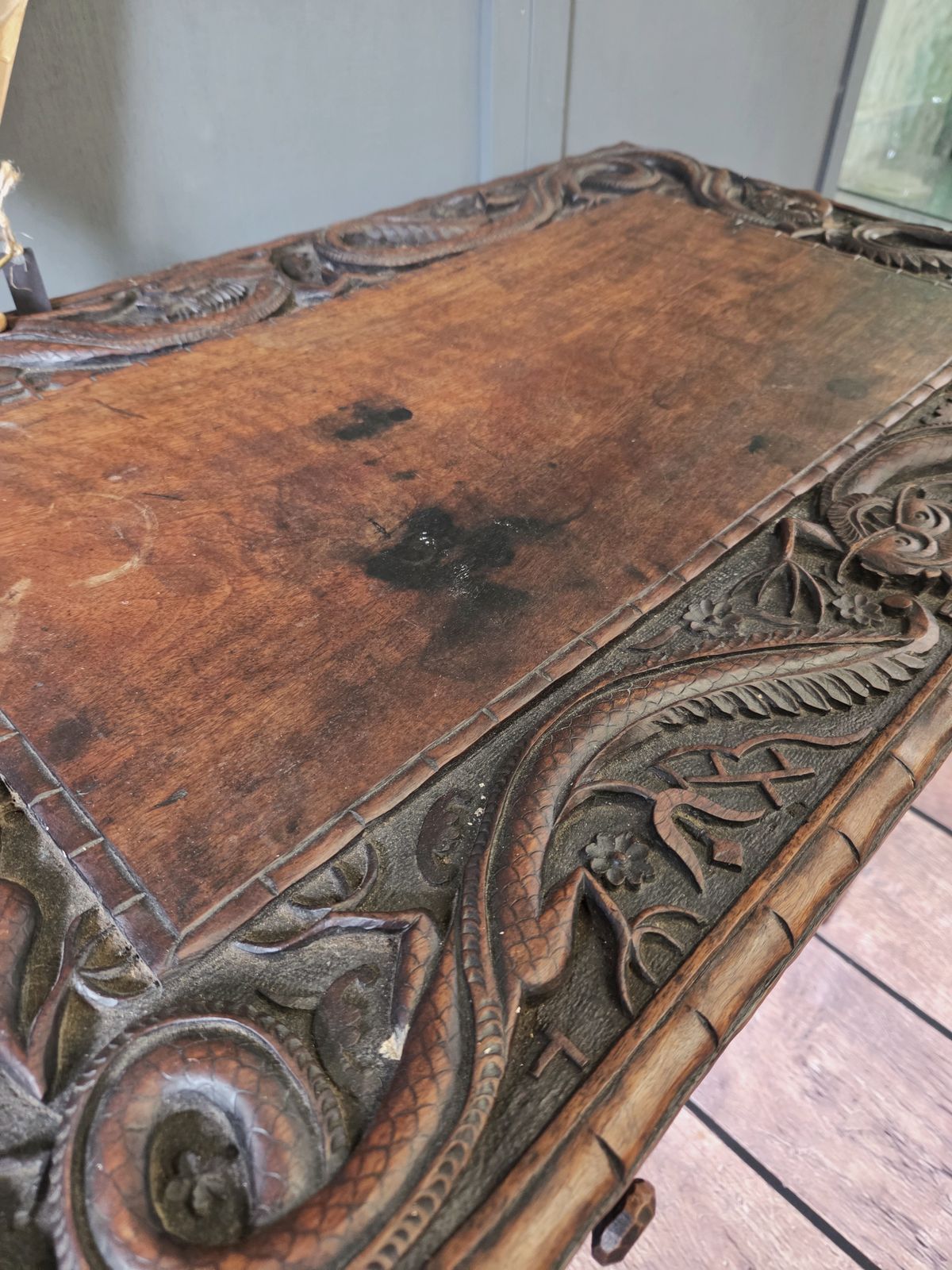 Antique Japanese Meiji Period Folding Scholar’s Desk – Carved Keyaki Wood Scribe C.1890 photo furniture