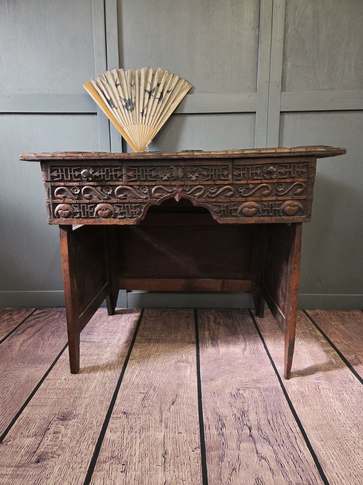 Antique Japanese Meiji Period Folding Scholar’s Desk – Carved Keyaki Wood Scribe C.1890 photo 645.0