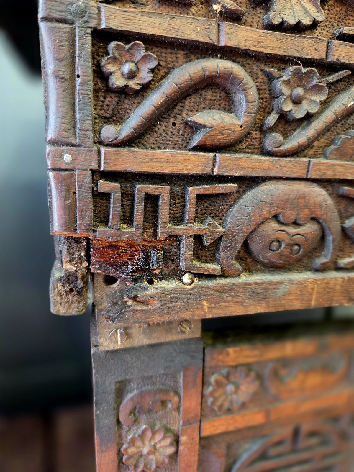 photo for sale Antique Japanese Meiji Period Folding Scholar’s Desk – Carved Keyaki Wood Scribe C.1890