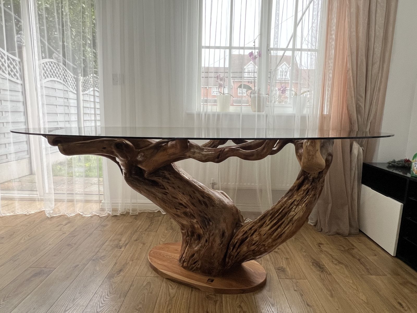 Handcrafted/Handmade Wild Cherry Root Dining Table With Glass Top – Sculptural Natural Wood photo Furniture