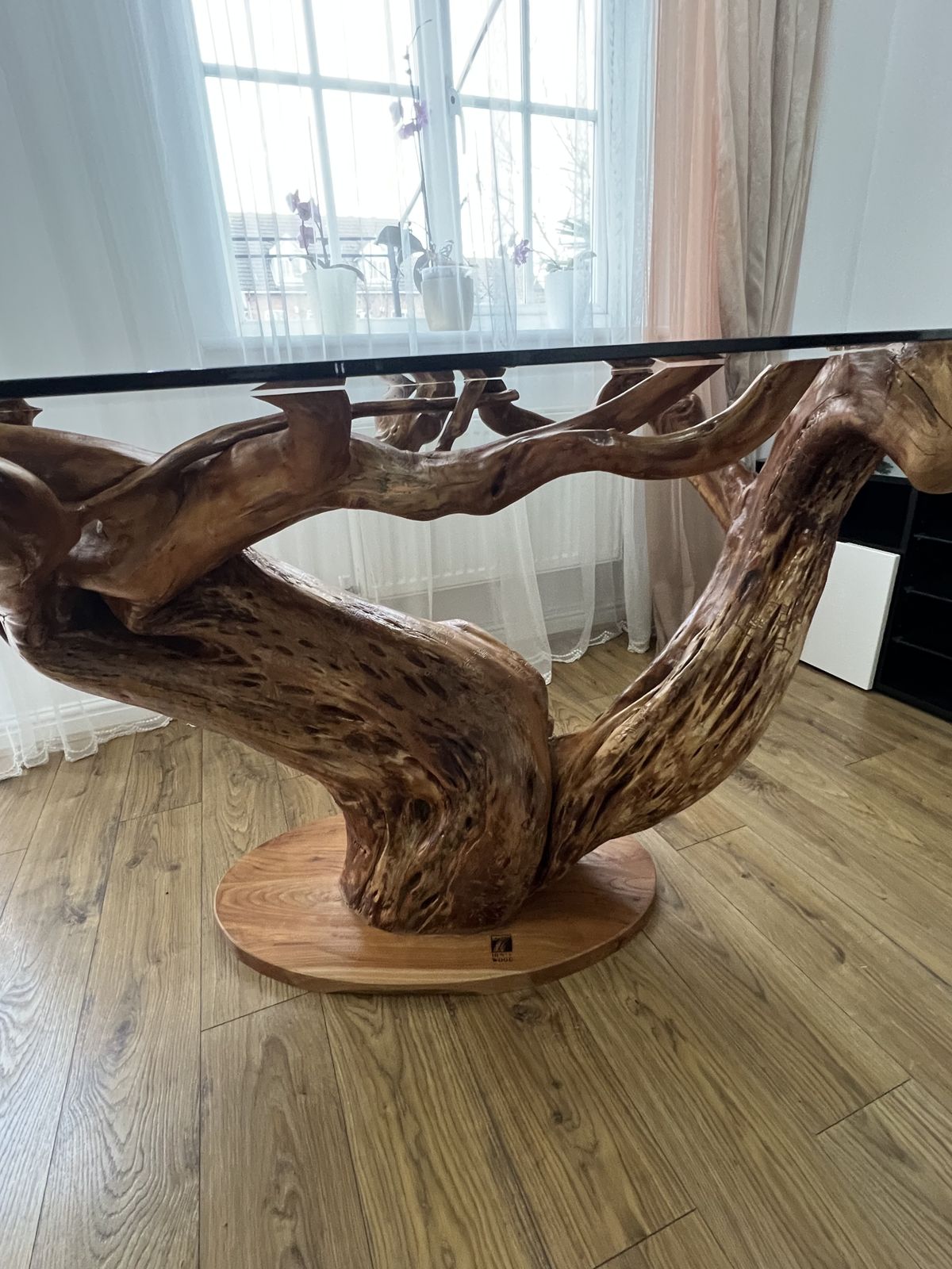 Handcrafted/Handmade Wild Cherry Root Dining Table With Glass Top – Sculptural Natural Wood photo for sale