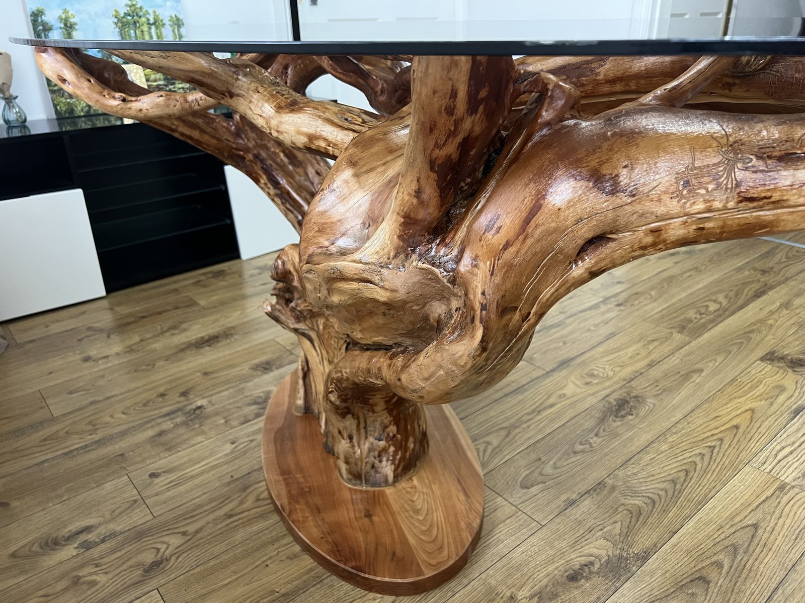 Handcrafted/Handmade Wild Cherry Root Dining Table With Glass Top – Sculptural Natural Wood photo vinterior