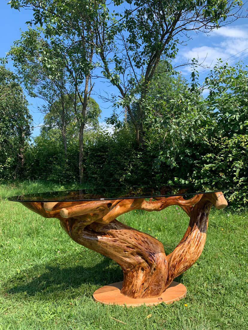 Handcrafted/Handmade Wild Cherry Root Dining Table With Glass Top – Sculptural Natural Wood photo furniture