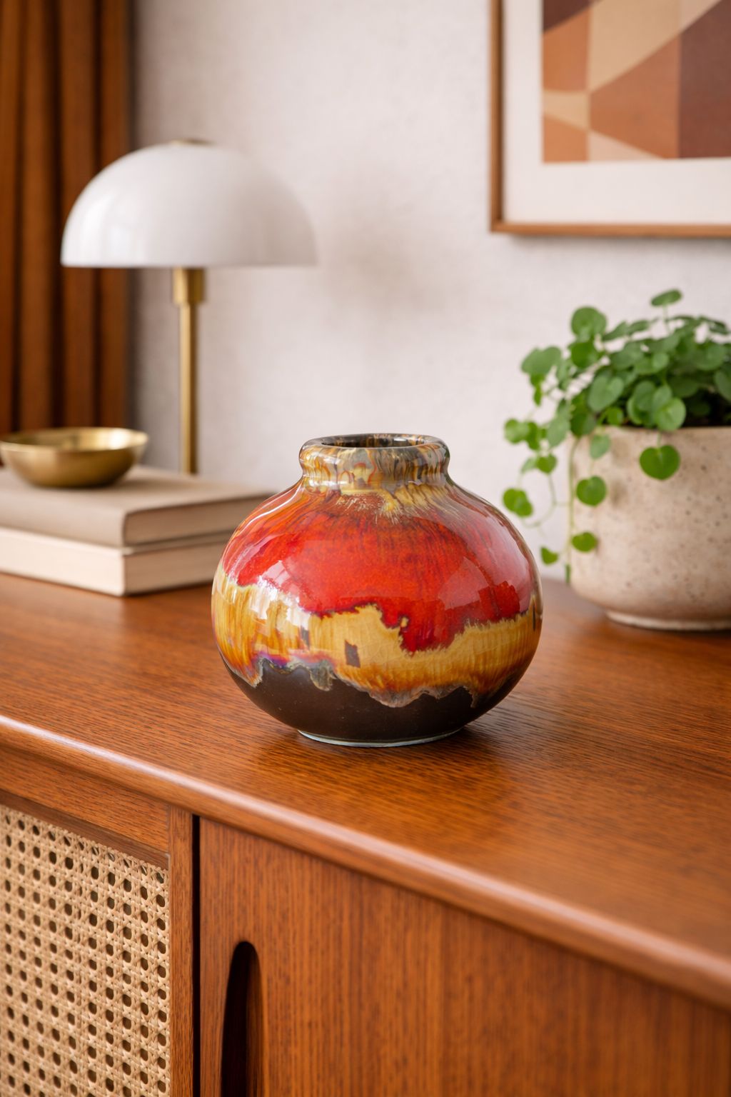 Mid Century West German Lava Glaze Vase – Red Fat Lava Pottery photo for sale