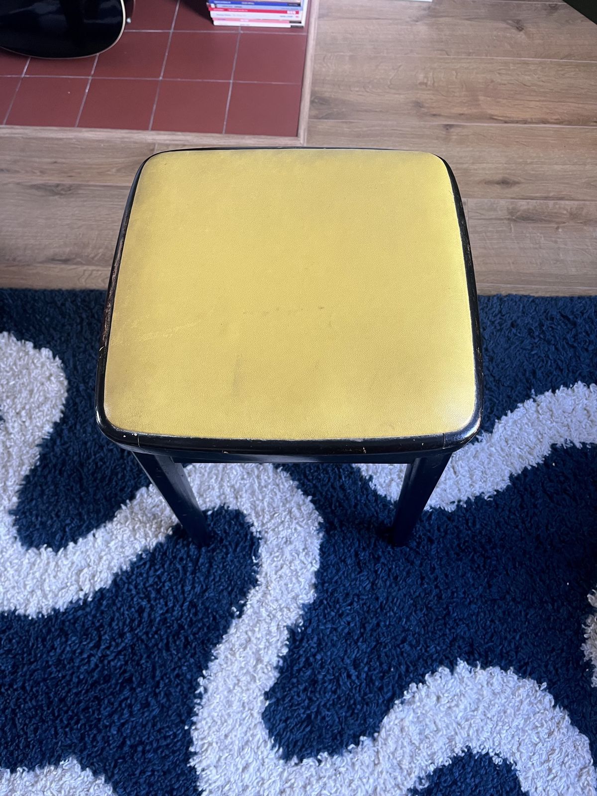 1960s Mid Century Vintage Kitchen Stool – Black Wooden Frame With Yellow Leather Seat photo furniture