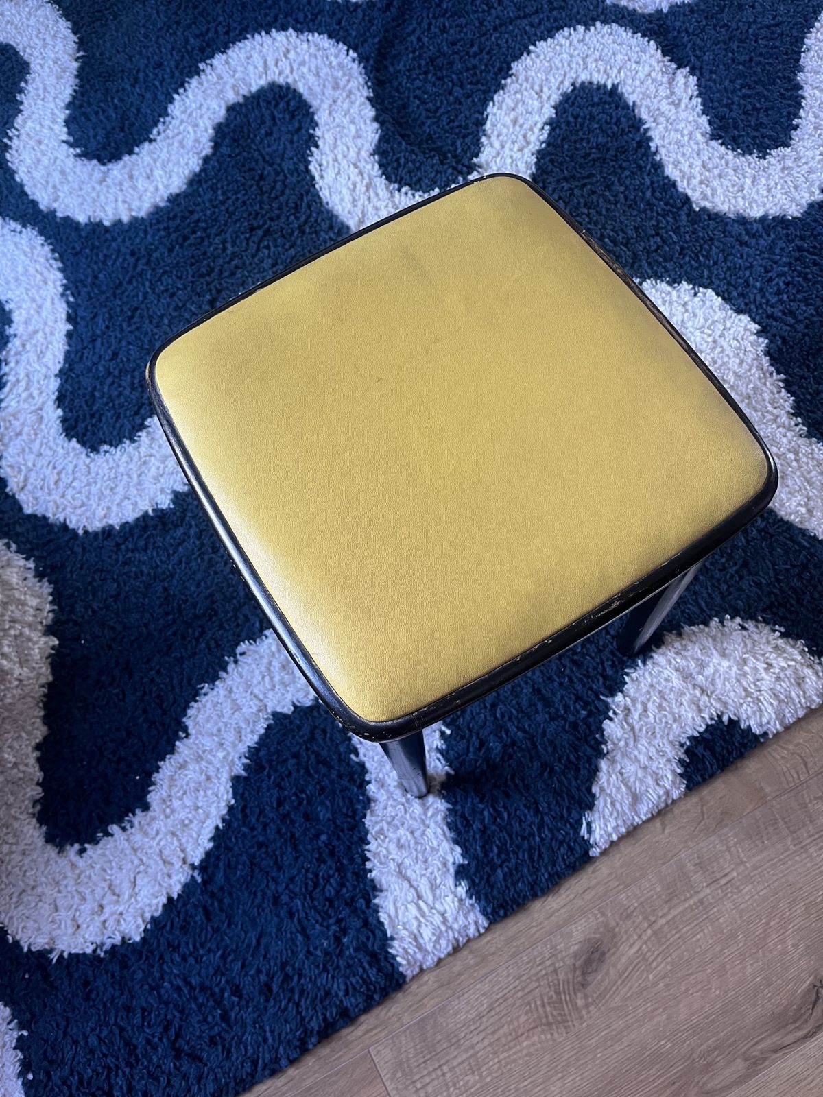 1960s Mid Century Vintage Kitchen Stool – Black Wooden Frame With Yellow Leather Seat photo for sale