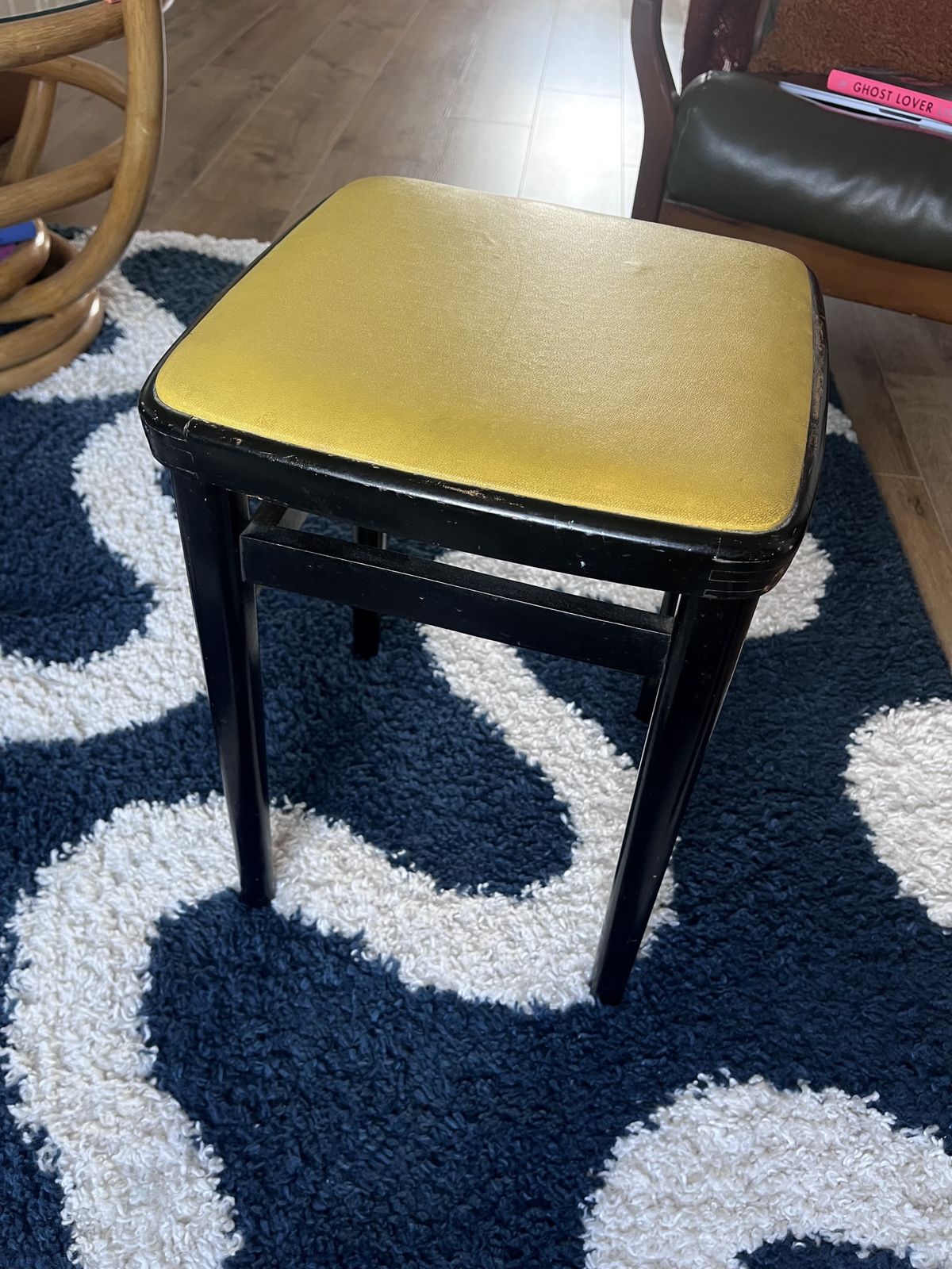 1960s Mid Century Vintage Kitchen Stool – Black Wooden Frame With Yellow Leather Seat photo Furniture
