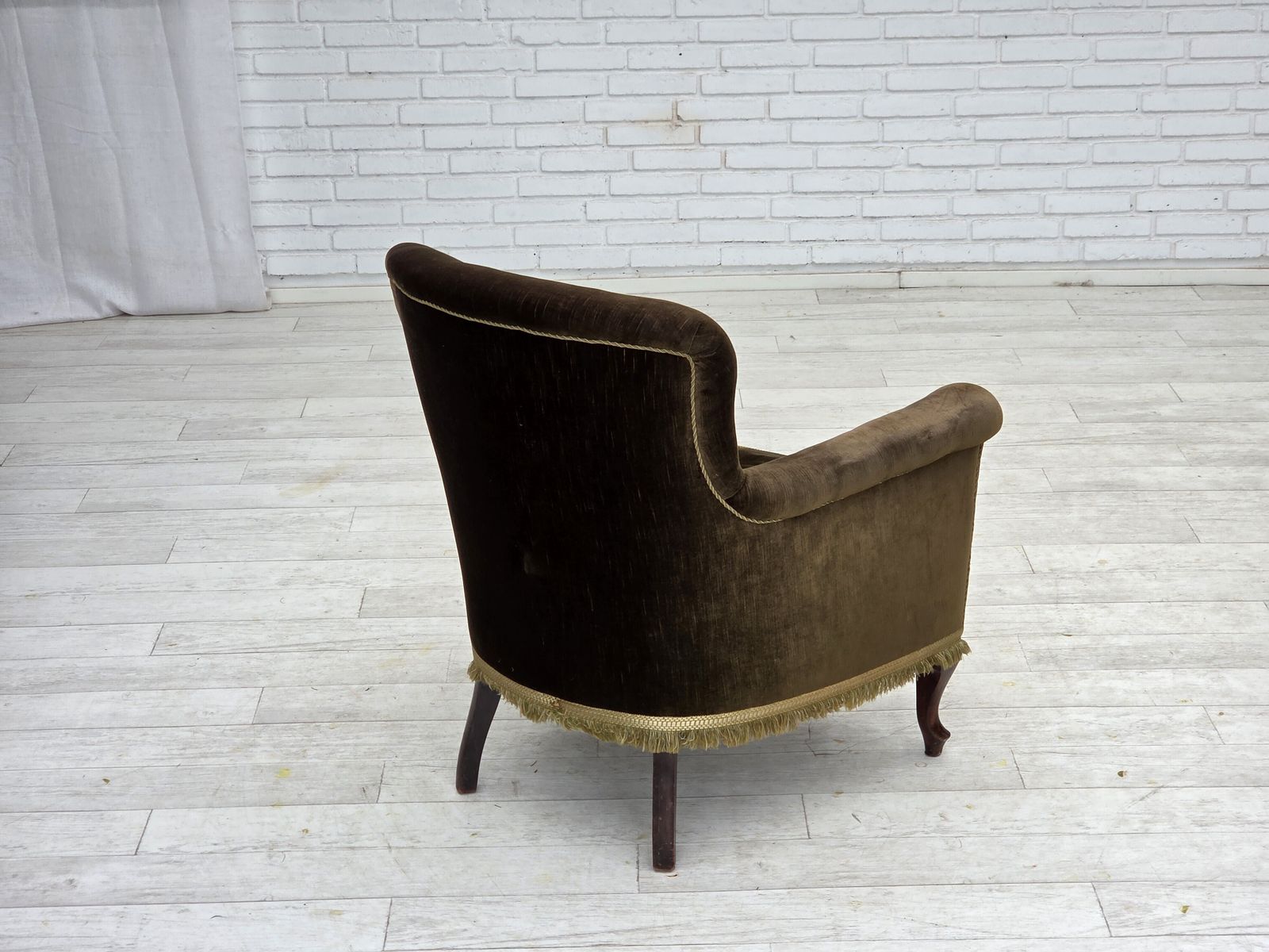 photo for sale 1950s, Scandinavian Armchair, Green Furniture Velour, Ash Wood.