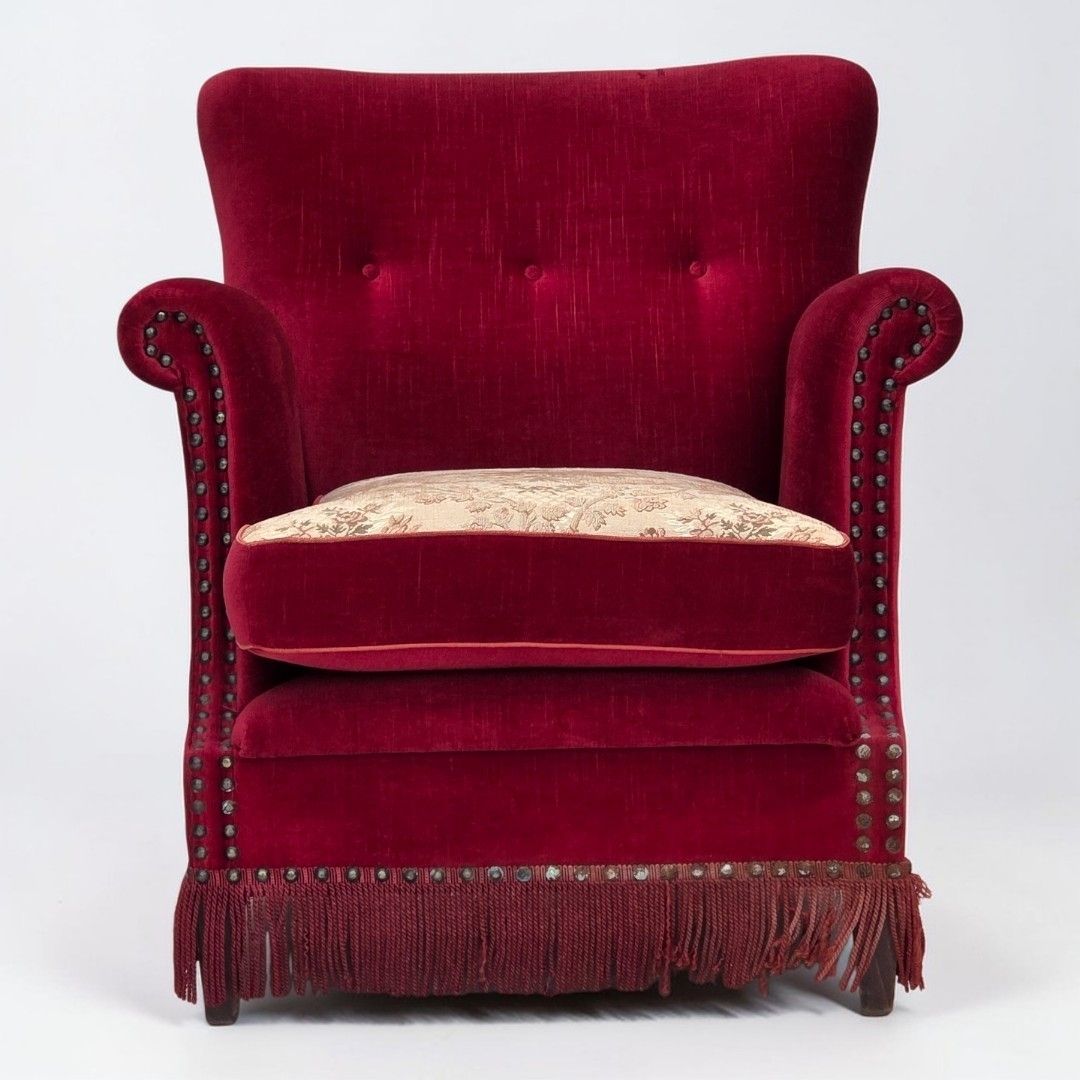 Jaren 1970, Deense Fauteuil, Rood Meubelvelours, Essenhout.
