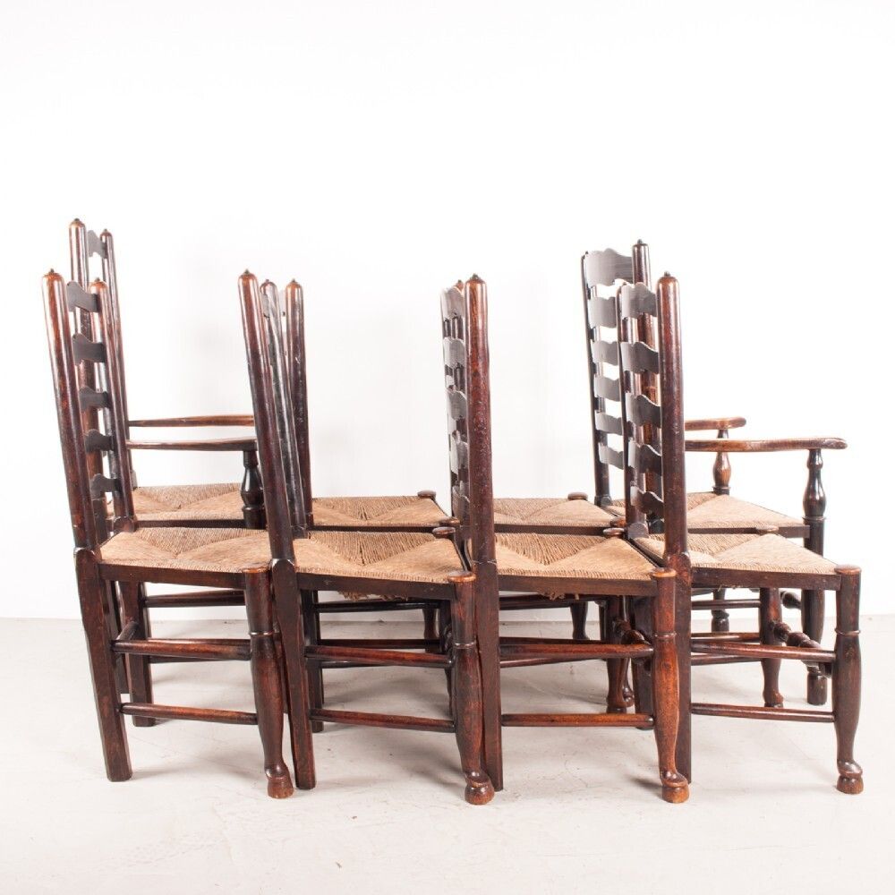 Set Of 8 (6+2) 19thc Farmhouse Rush Seated Ladderback Chairs photo furniture