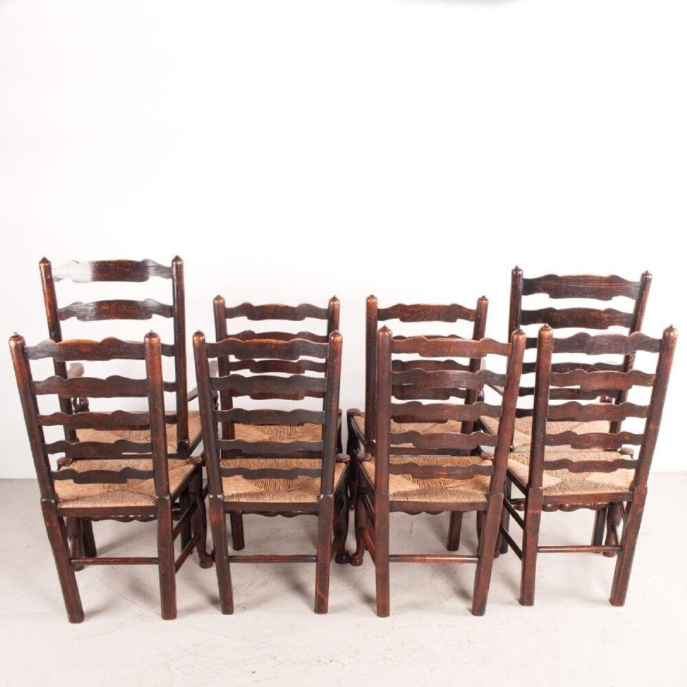 Set Of 8 (6+2) 19thc Farmhouse Rush Seated Ladderback Chairs photo Furniture