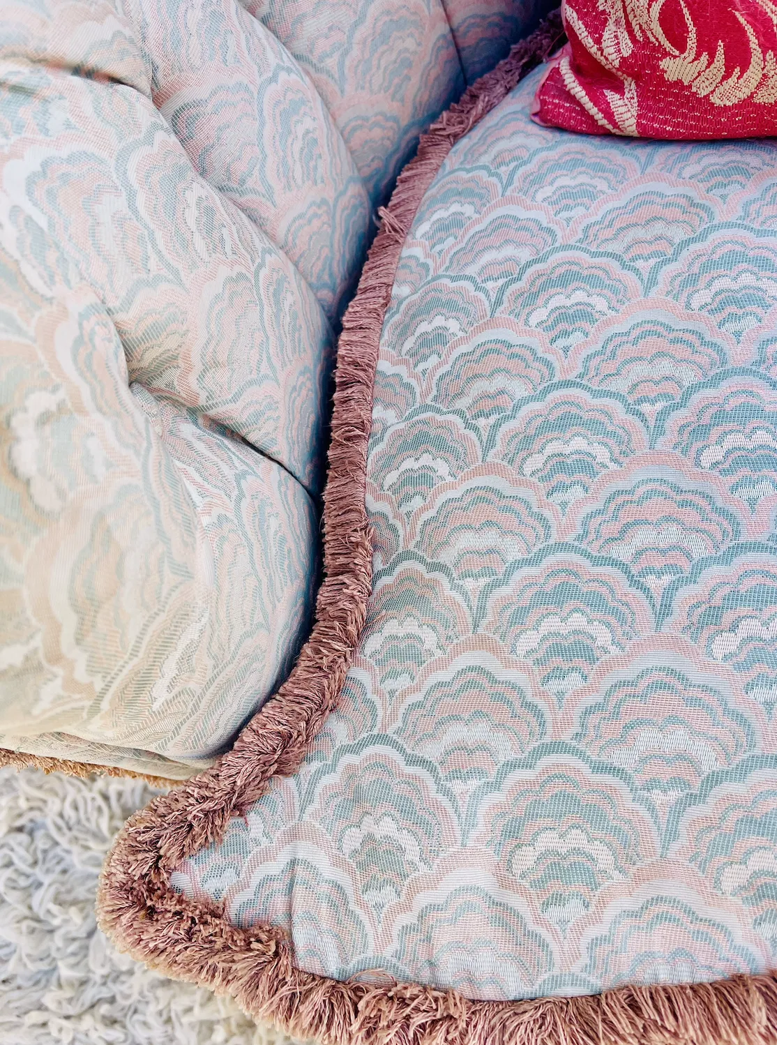 photo furniture Stunning Vintage Hollywood Revival Scalloped Armchair In Pink And Blue