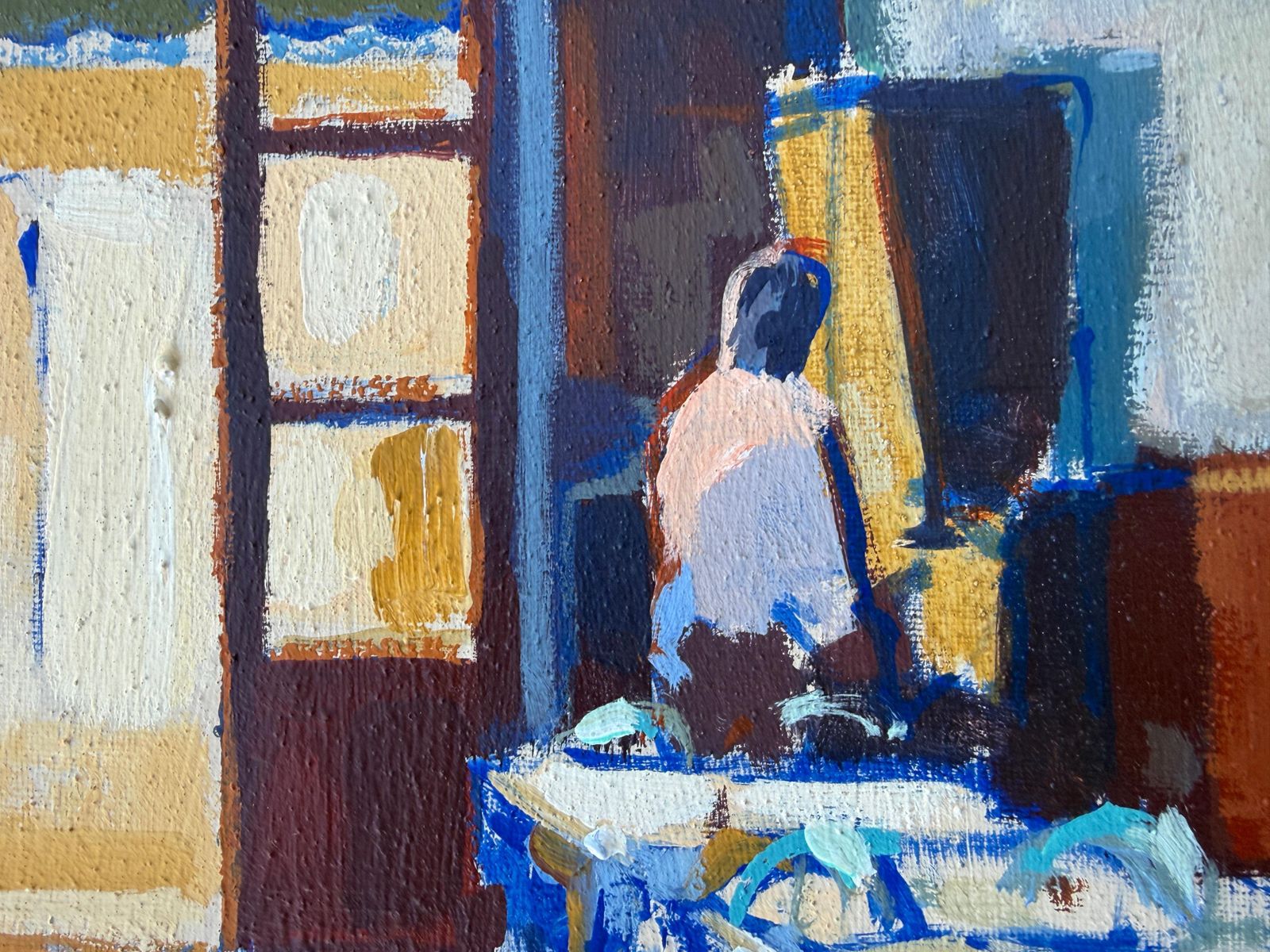 Julio García Iglesias Modern Café Interior With Figures, Atmospheric Blue Figurative Oil Painting 1986 photo 1050.0