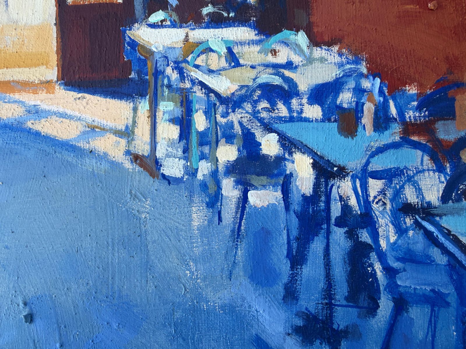 Julio García Iglesias Modern Café Interior With Figures, Atmospheric Blue Figurative Oil Painting 1986 photo vinterior