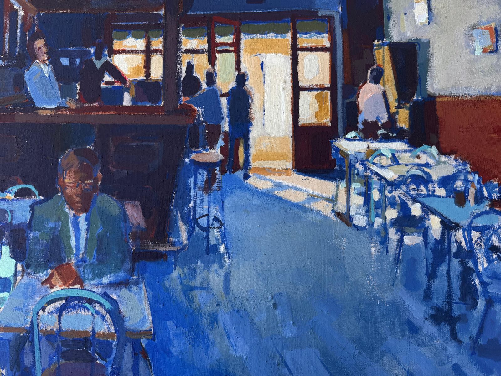 Julio García Iglesias Modern Café Interior With Figures, Atmospheric Blue Figurative Oil Painting 1986 photo buy