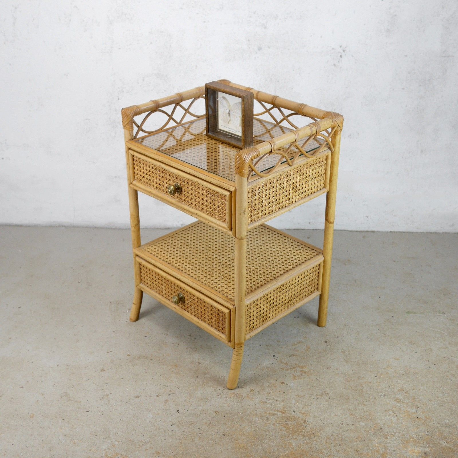Pair Vintage Mid Century Bamboo Rattan Bedside Tables Drawers Angraves #103130 photo buy