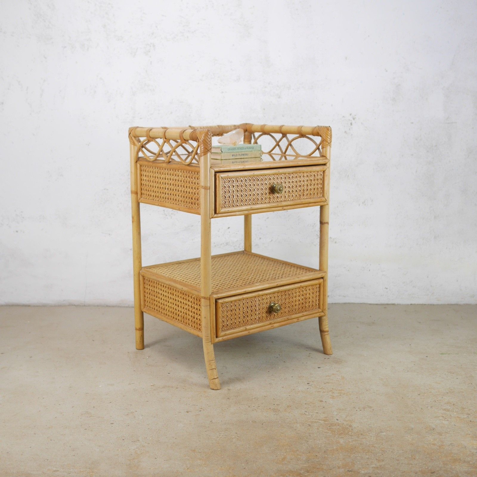 photo vintage Pair Vintage Mid Century Bamboo Rattan Bedside Tables Drawers Angraves #103130