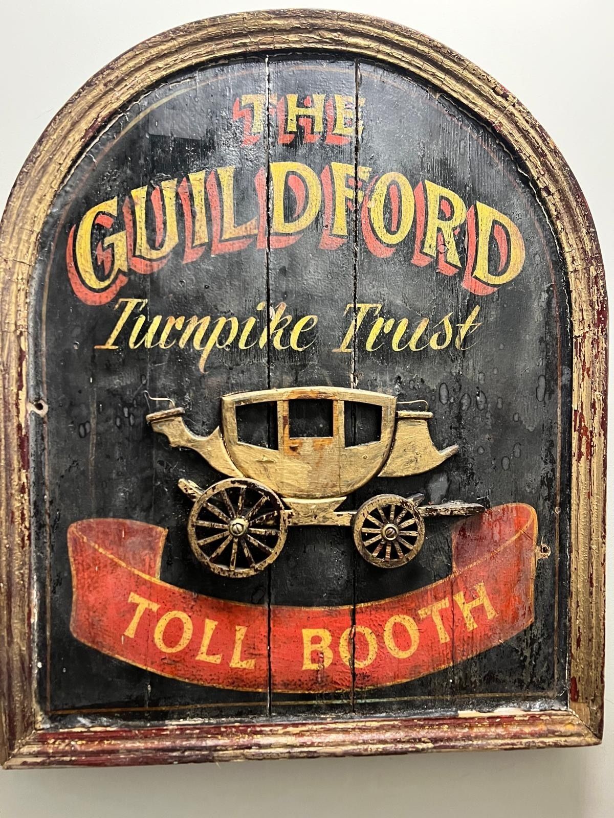 Early 20th Century Wooden Turnpike Trust Sign – Guildford Toll Booth – Carved Stagecoach” photo Art