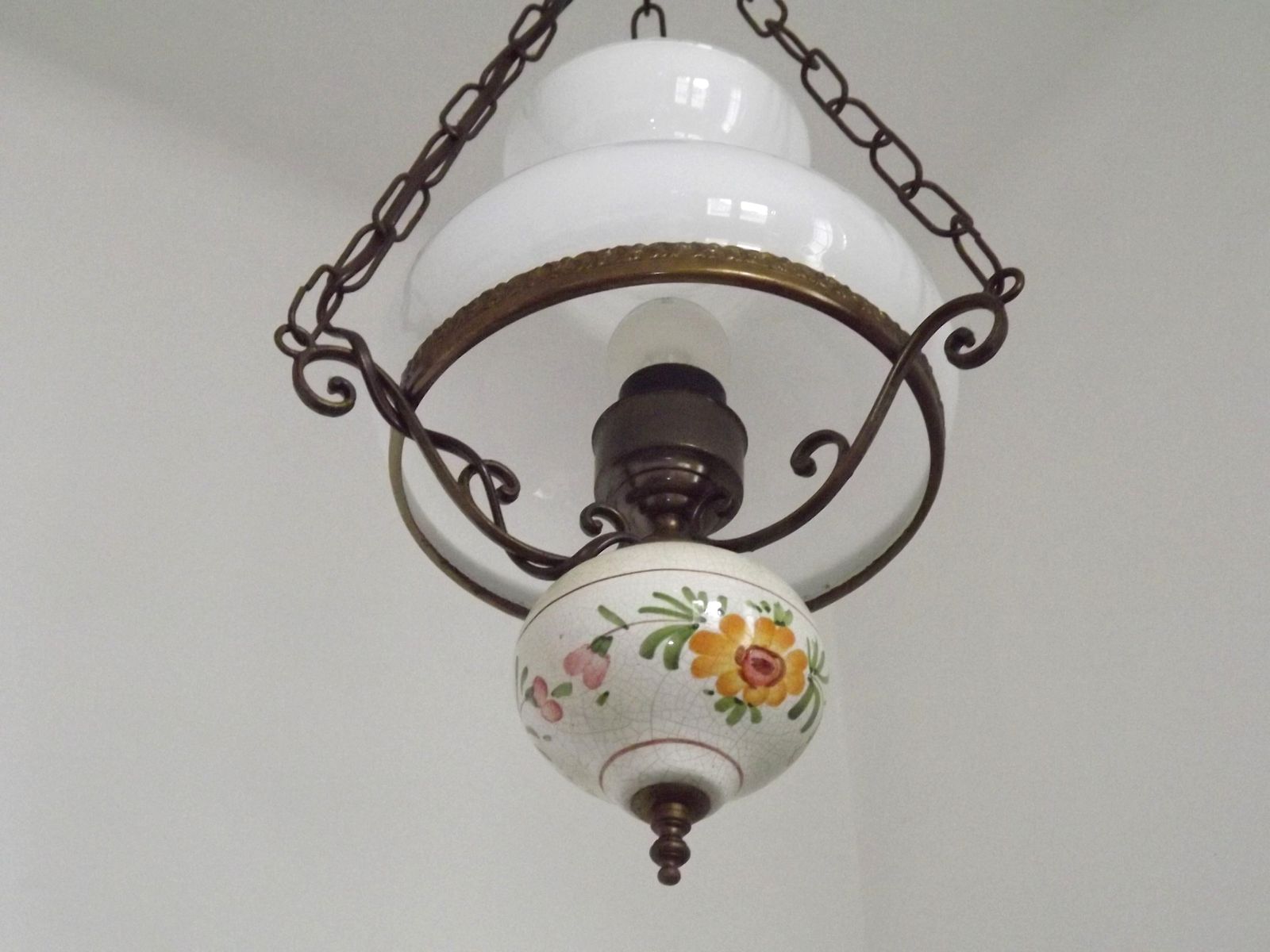 photo buy French Mid Century Country Lantern Light   Floral Finial Opaque Glass Shade