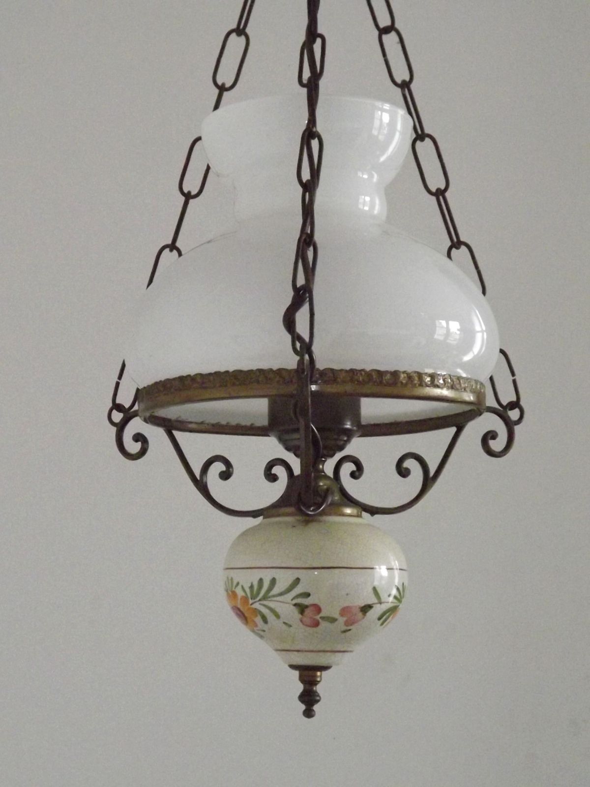 French Mid Century Country Lantern Light   Floral Finial Opaque Glass Shade photo vinterior