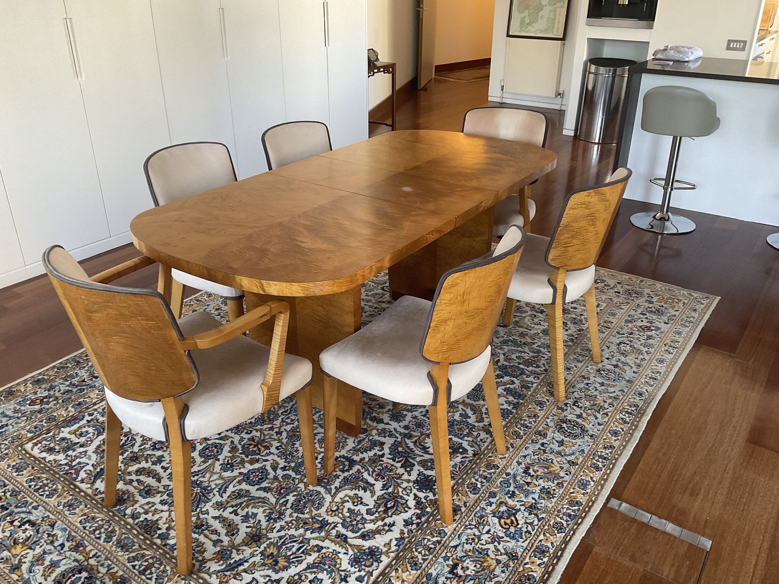 4 6 Seat Dining Table And Chairs   Art Deco, English, Satinwood photo vintage