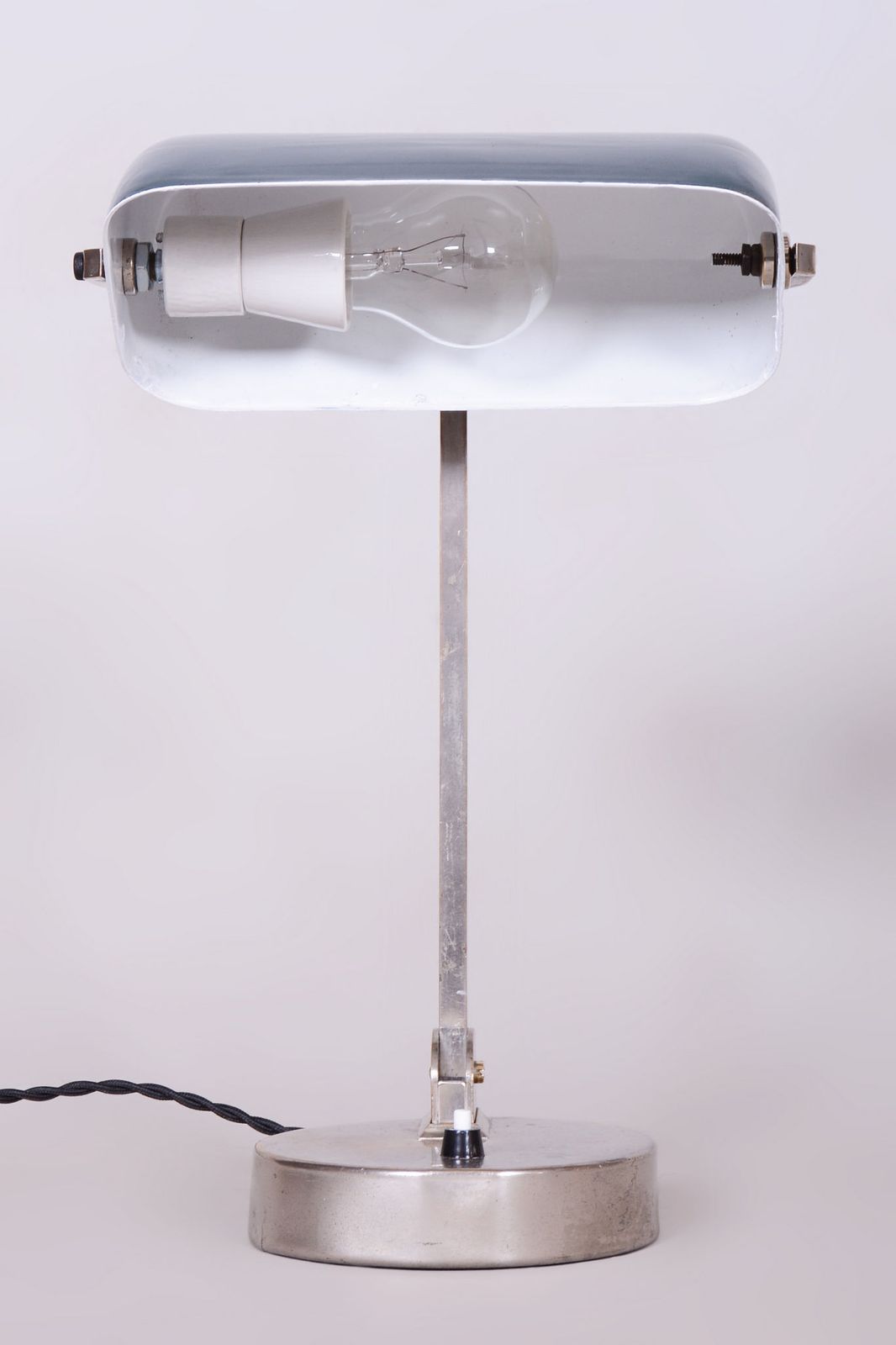 Restored Bauhaus Table Lamp, Nickel, Steel, Glass, Rewired, Czech, 1930s photo furniture