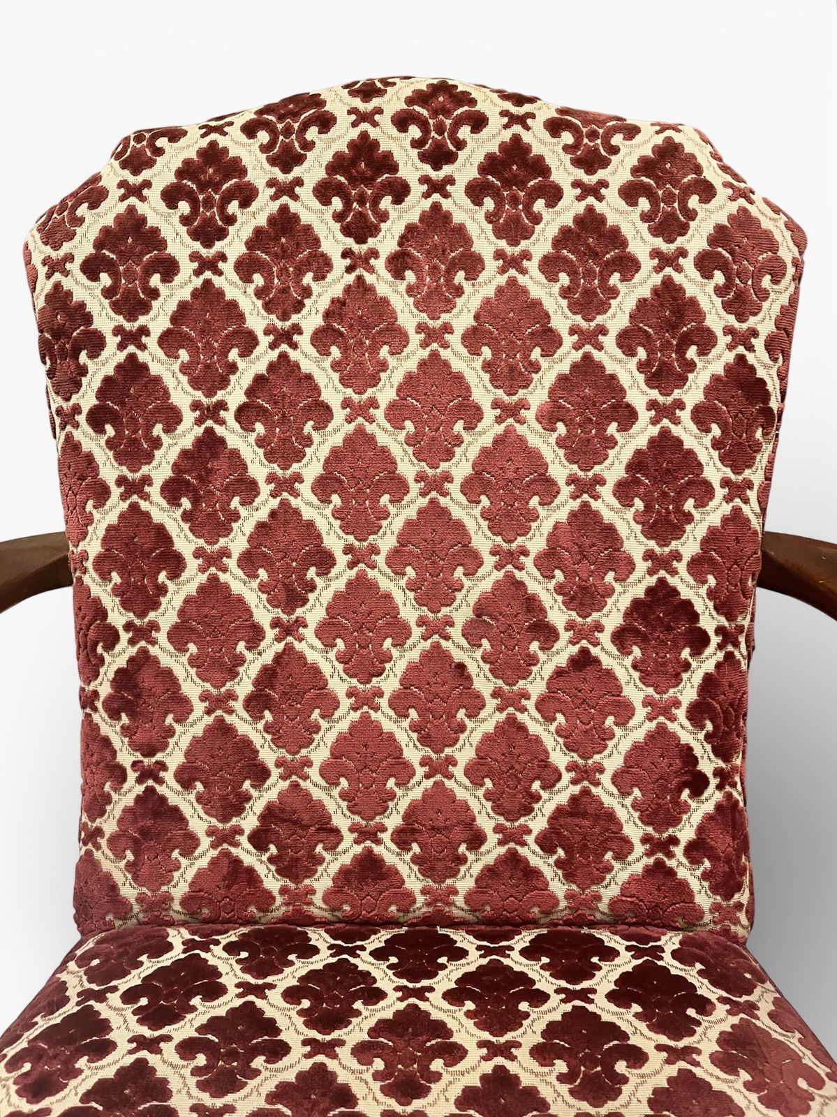 Antique Upholstered Armchair 93cm High 57cm Wide Red Pattern Fabric Wooden Frame photo 135.0