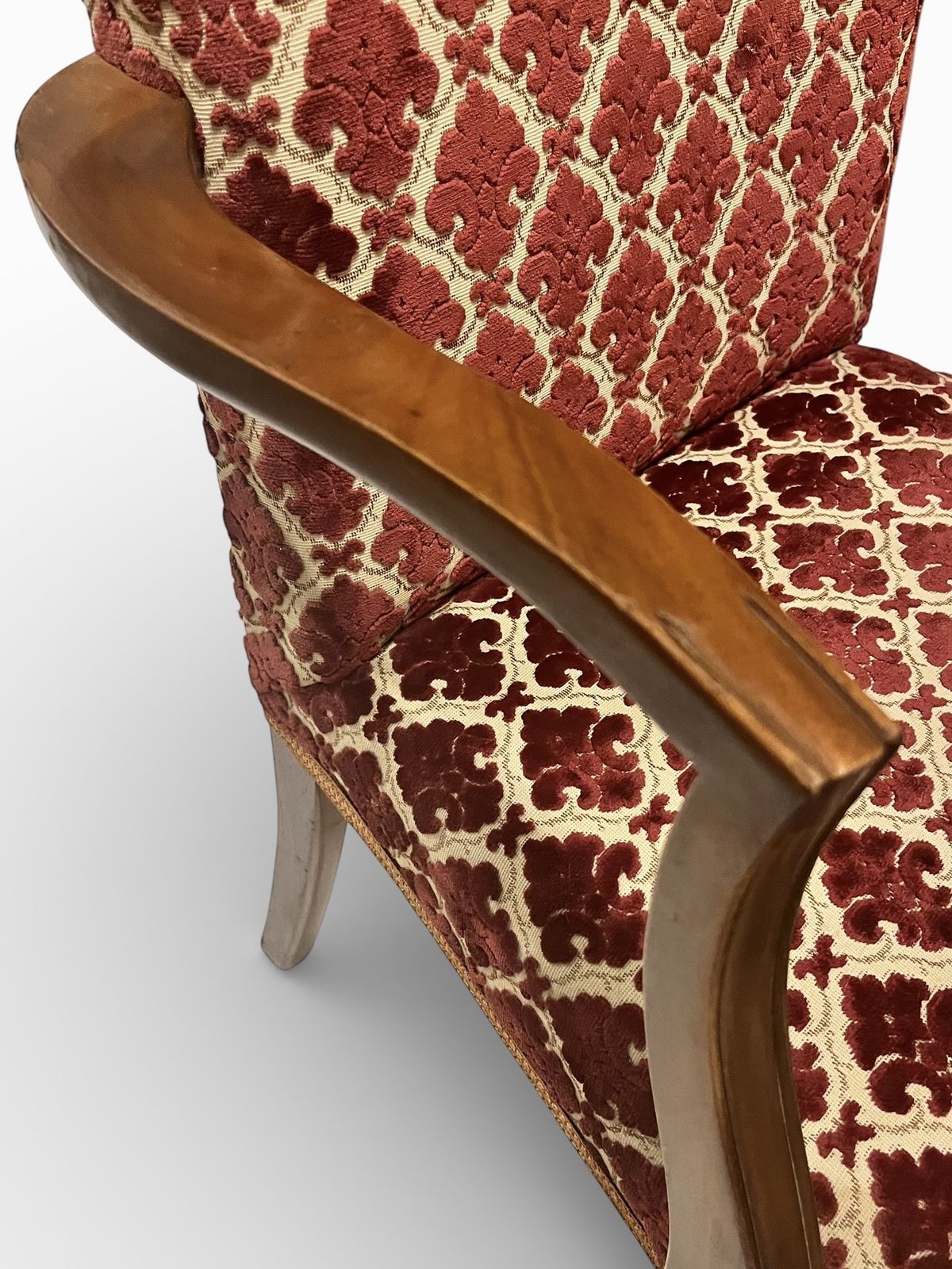 Furniture Antique Upholstered Armchair 93cm High 57cm Wide Red Pattern Fabric Wooden Frame photo