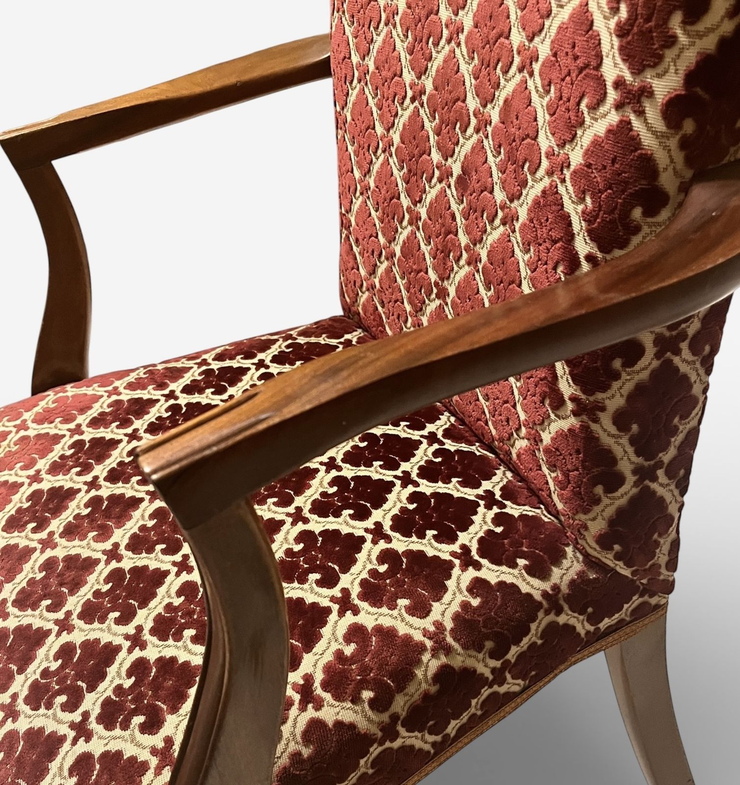 135.0 Antique Upholstered Armchair 93cm High 57cm Wide Red Pattern Fabric Wooden Frame photo