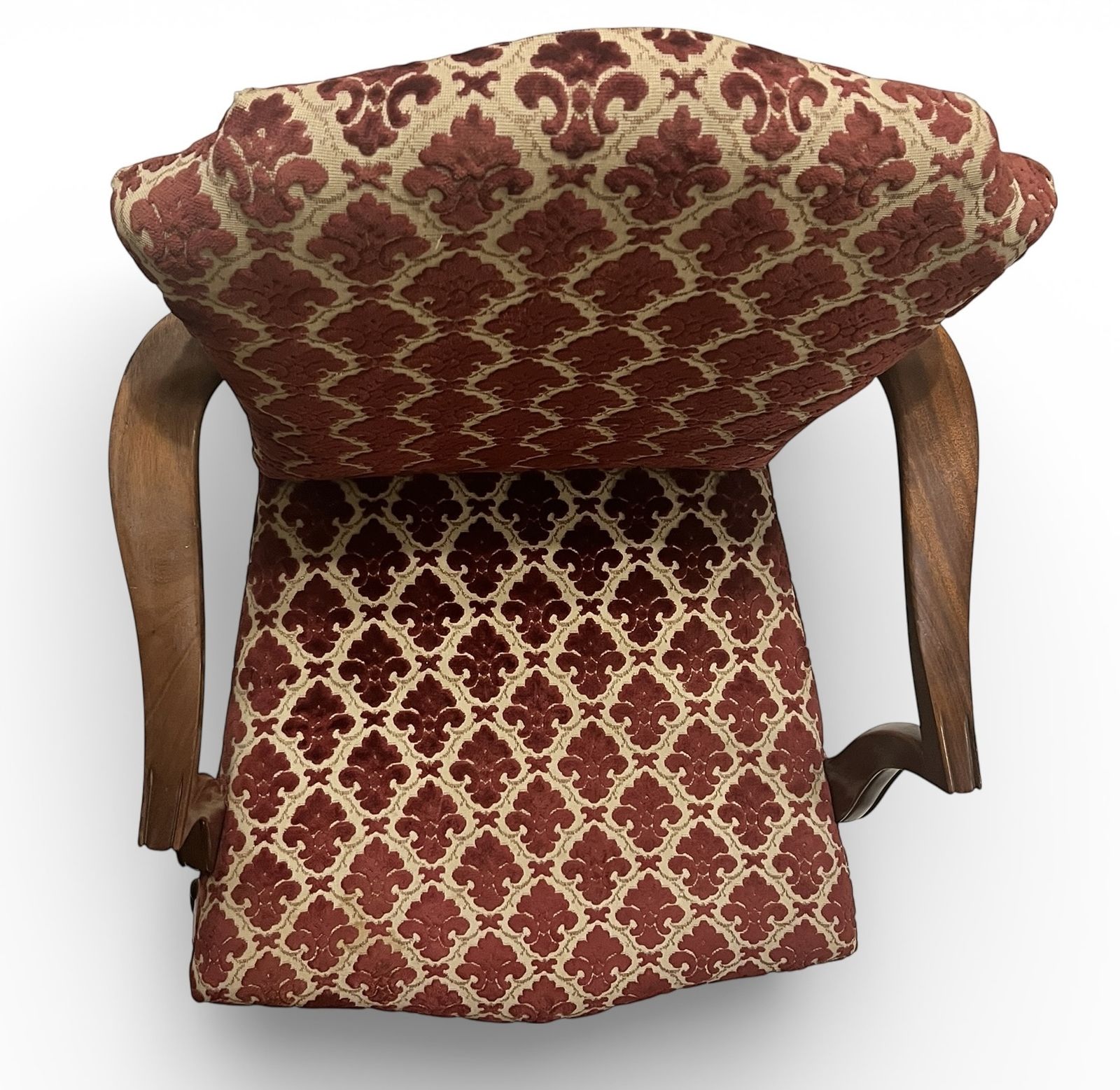 photo vintage Antique Upholstered Armchair 93cm High 57cm Wide Red Pattern Fabric Wooden Frame