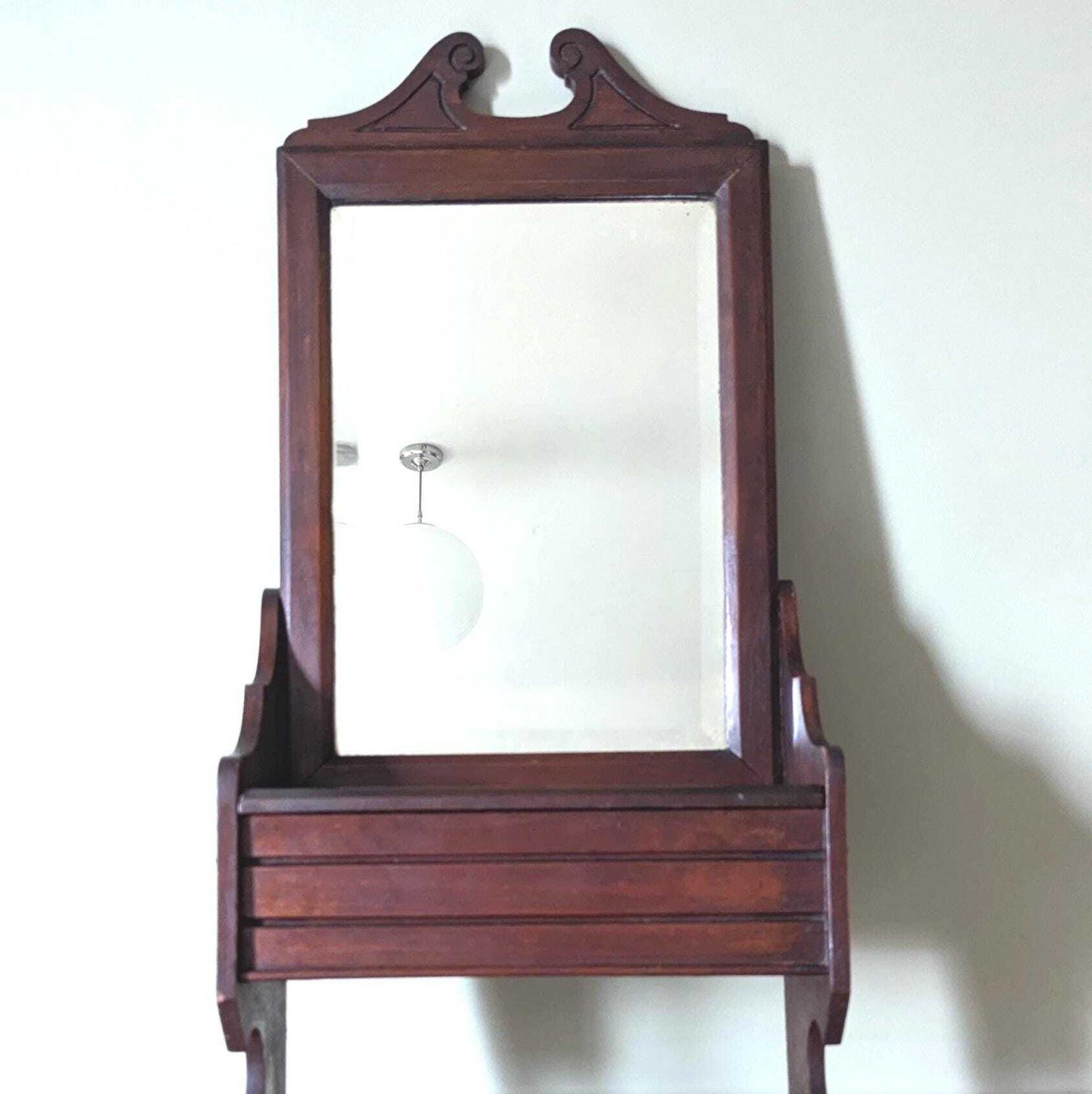 An Antique English Oak Wall Mirror With Shelf And Hanging Rail Bathroom Mirror C1900. photo vinterior