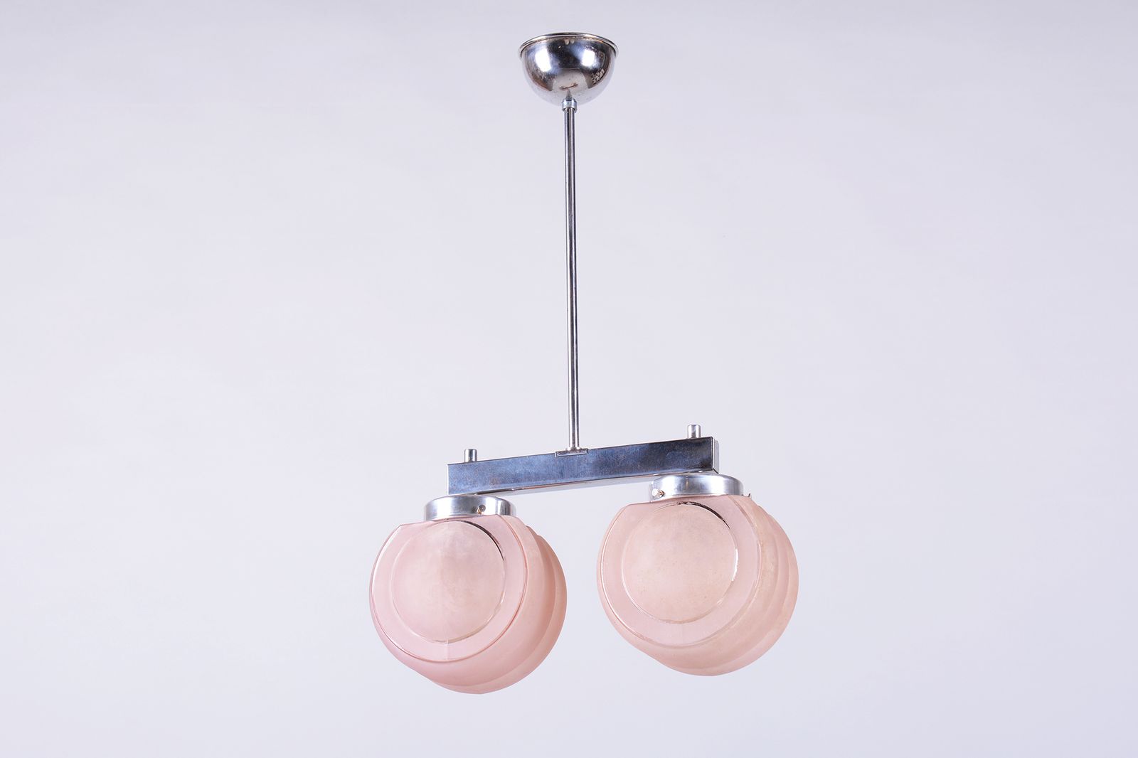 Restored Art Deco Chandelier, Chrome Plated Steel, Opaline Glass, Czech, 1930s
