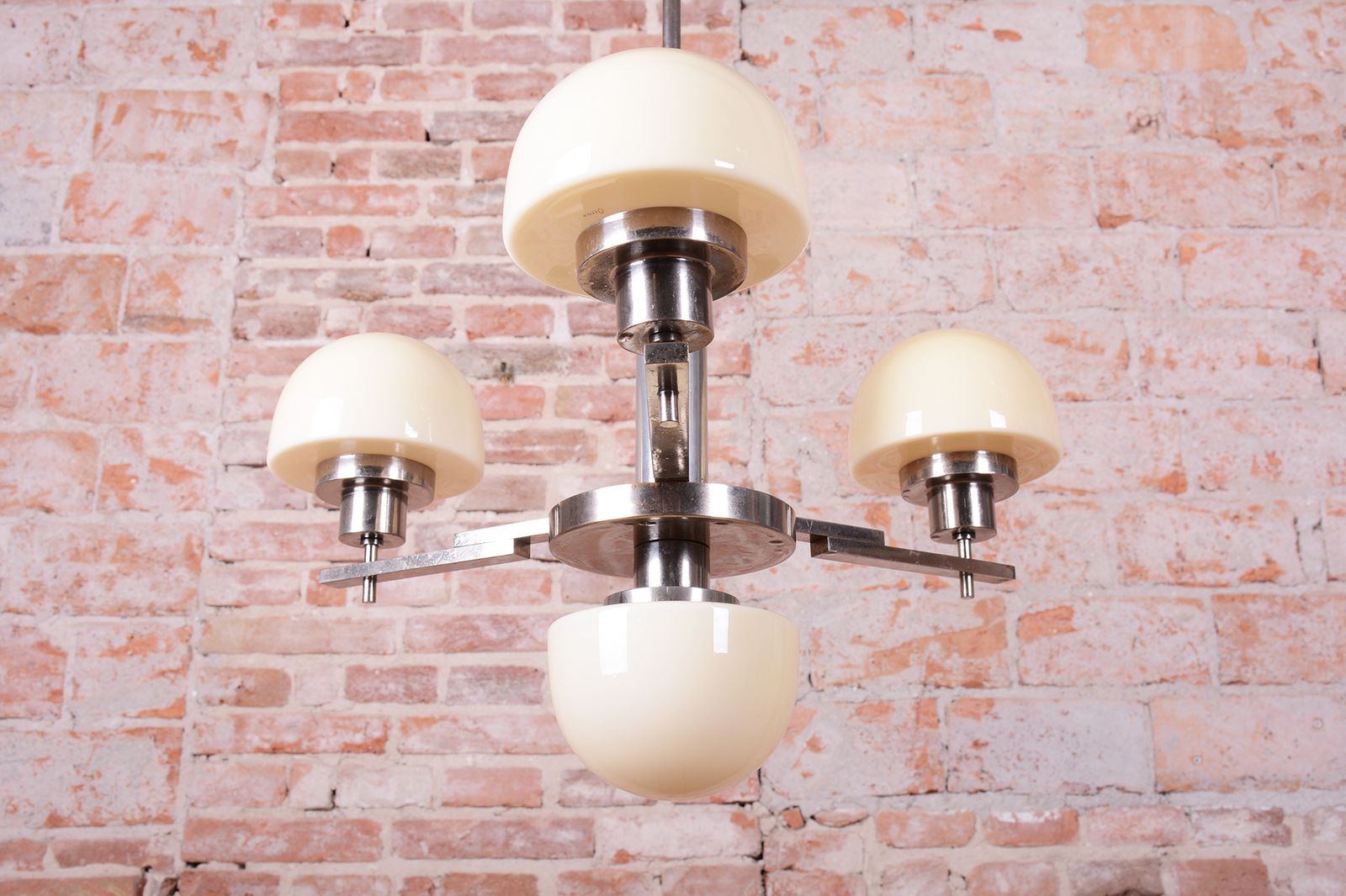 Restored Art Deco Chandelier, Chrome Plated Steel, Opaline Glass, Czech, 1930s photo for sale