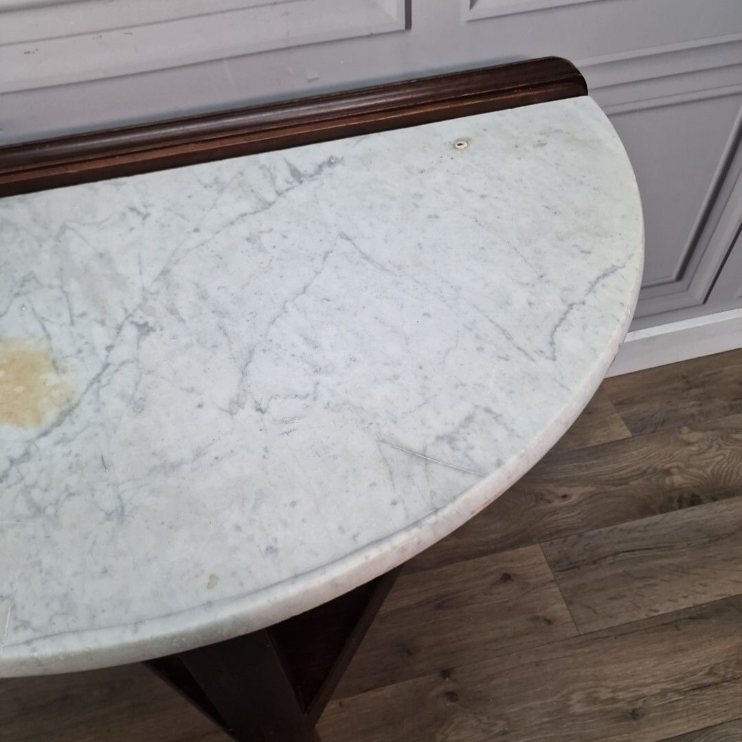 photo vinterior Antique Victorian Style Table Wood & Marble Top Wash Stand Console Demi Lune
